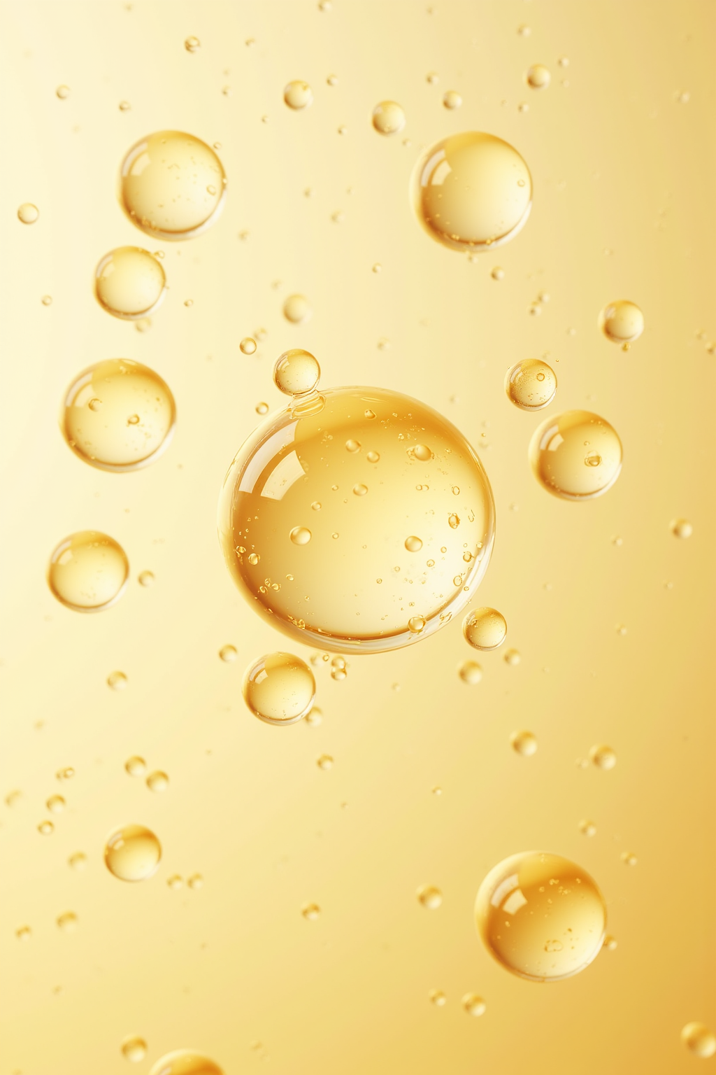 美妆气泡精华分子,Light gold,multiple water bubbles,transparent water bubbles,water surface,cell,floating,Light gold background,studio lights,no humans,still life,best quality,High Quality,masterpiece,8k,insane details,High detail,hyperdetailed,