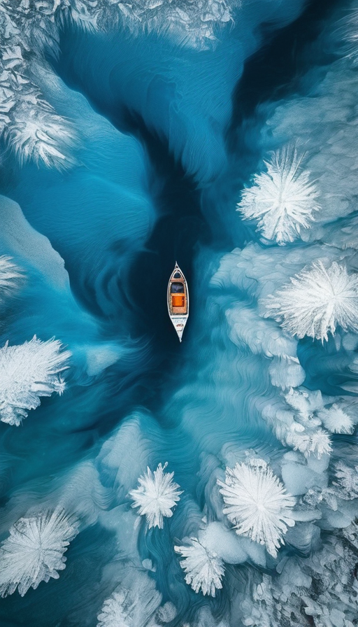 风景摄影ai-清冷冬天调性图片,Aerial view of an ice lake with a small boat in the center, surrounded by swirling patterns andvibrant blue water. spiral abyss, The scene is captured from above in a topdown perspective.showcasing intricate details **** ripples on surface and layers beneath the snowcovered ground.looking out over the icy expanse. creating a sense of aweinspiring tranquility