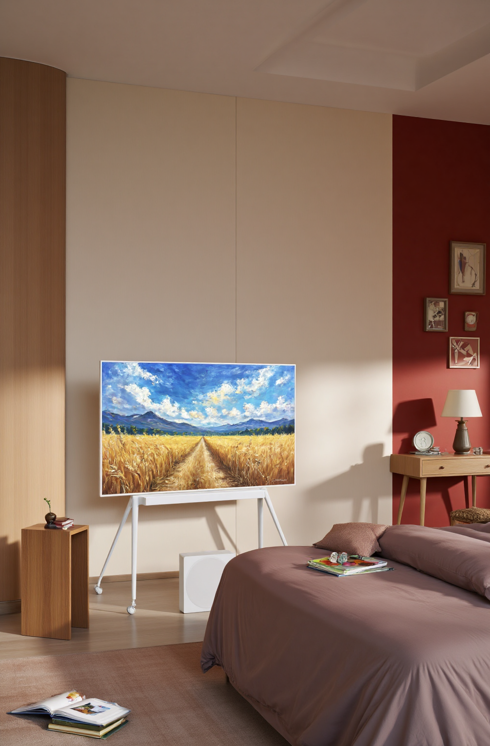 电视场景图,01,Photograph of a modern bedroom with a minimalist aesthetic. A large flat-screen TV displays a vibrant landscape painting of a golden field under a blue sky. The room features a bed with a mauve duvet, a wooden nightstand with a lamp, and a red accent wall with geometric art.