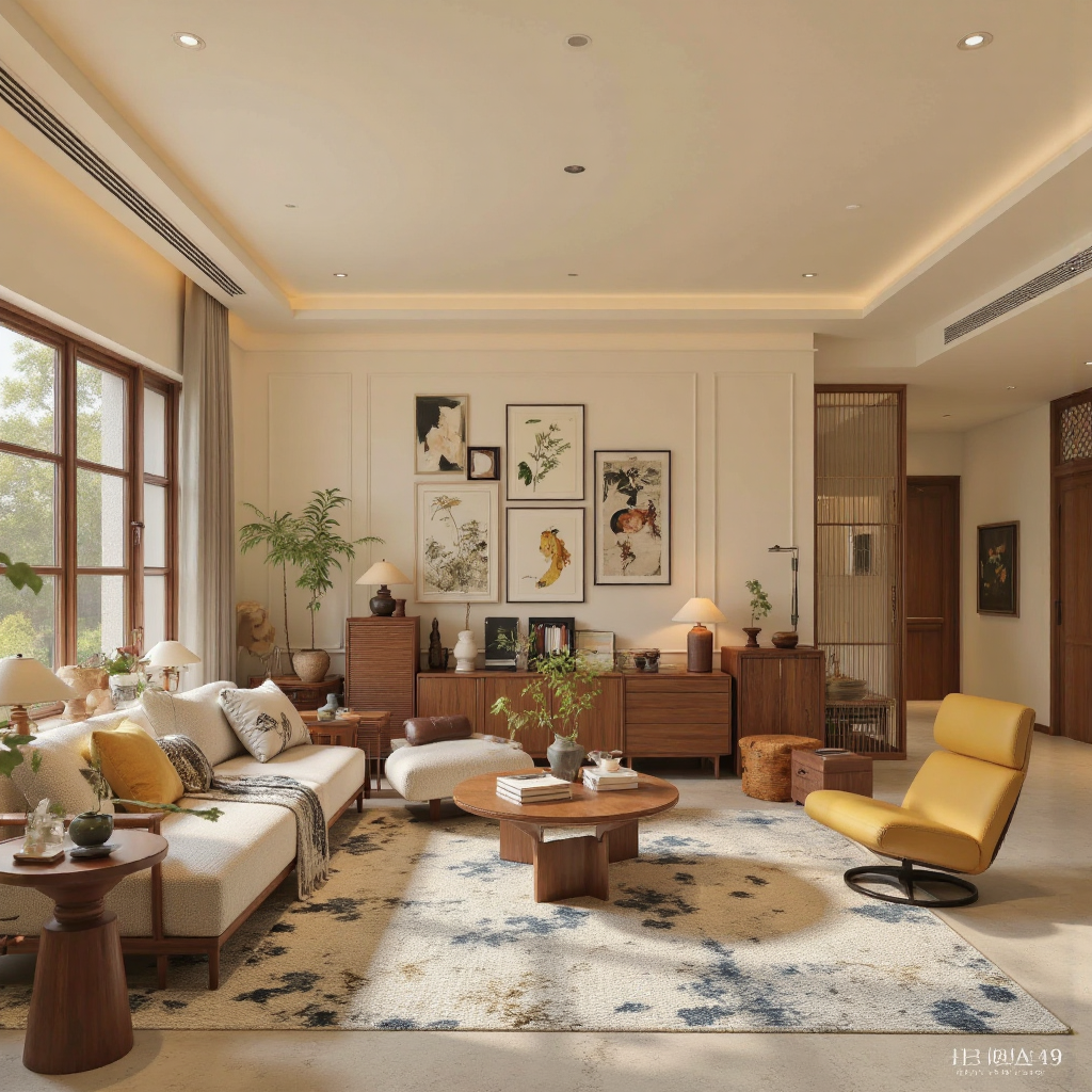 ,zhonggu_style,zs_style,Garden-style Study,A bright and airy living room with a cozy atmosphere. the room is filled with natural light from large windows on the left,allowing natural light to flood the space. the walls are adorned with framed pictures of anthropomorphic figures and plants,creating a warm and inviting ambiance. on the right side of the room,a yellow swivel chair is placed,adding a pop of color to the otherwise neutral-colored room. a wooden cabinet with drawers is visible,providing ample storage space for books and other decorative items. a large,floral rug with a floral pattern is placed in the center of the image,adding to the cozy and inviting atmosphere. potted plants add a touch of greenery to the space,while framed artwork hangs above the wooden dresser,creating an air of warmth and coziness. the overall color palette is warm,with shades of yellow,blue,and white,making the room feel inviting and inviting.,