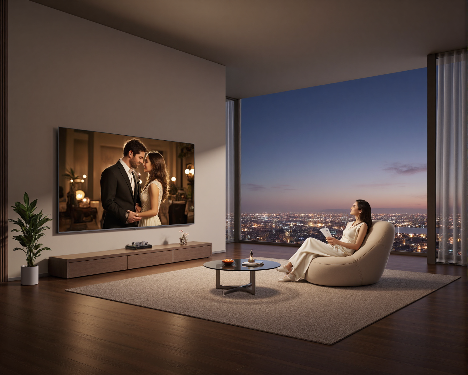 电视,01,01, A photograph of a modern living room at dusk. A woman in a white dress sits on a beige chair, watching a large TV screen displaying a romantic scene. The room features a glass coffee table, potted plant, and cityscape view through floor-to-ceiling windows.
