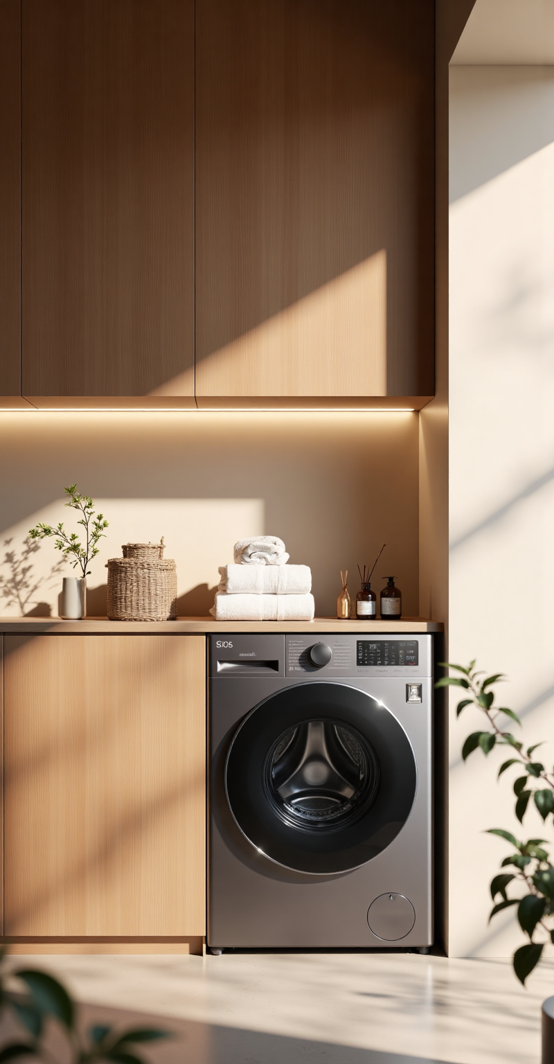 ,xiyiji01,xiyiji01,Core Appliance Series: A deep gray drum washing machine with a simple and smooth appearance,featuring a circular door,touch control panel,and a metal matte texture,embedded in a light wooden custom cabinet,presenting an integrated design.,Space Details: A light wooden full cabinet (with warm natural textures),the countertop neatly arranged with stacked white towels,woven storage baskets,incense bottles and small potted plants,creating a refined and healing living atmosphere,adding layers to the space.,Lighting Effects: Soft and bright natural side light pours in,creating natural light and shadow transitions on the walls,cabinets and floor. Light wood and warm beige walls blend together,enhancing the space's warm and high-end feeling,giving the appliances and home details a "quiet coexistence" texture.,Scenario Positioning: Modern minimalist style "home laundry care scene" (laundry area / utility room / integrated bathroom area),with "natural texture + elegant storage" as the core. As a functional appliance,the washing machine is embedded in the light wood cabinet,paired with soothing daily items (towels, plants, incense),conveying the concept of "balancing practical functions and life aesthetics,letting appliances be hidden in warm daily life". It seems to be an efficient and healing corner in the home laundry care scene.,Compositional Techniques: Using the compositional method of "symmetry and empty space" — the washing machine is vertically centered and embedded in the cabinet,the left and right light wood cabinets form a symmetrical and stable visual feeling; the storage items on the countertop are arranged in a horizontal orderly manner; the brass elements in the corner and the foreground blurred plants extend the spatial depth.,
