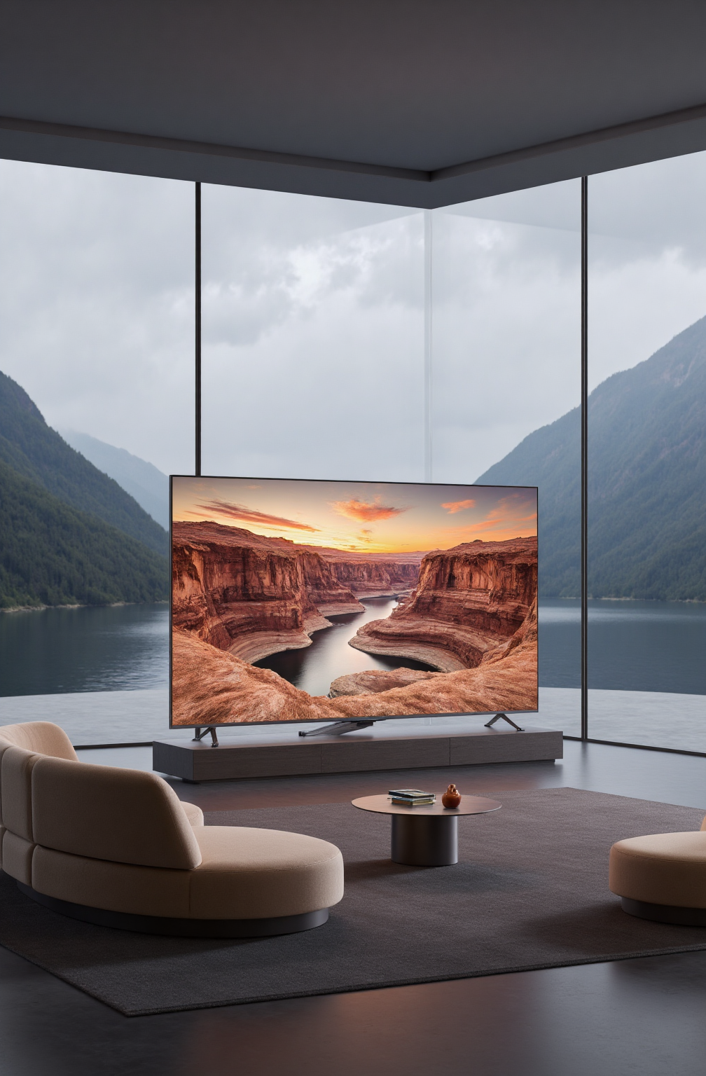 电视场景图,01,A photograph of a modern living room with a large Samsung QLED TV displaying a stunning sunset over Antelope Canyon. The room features beige, curved sofas on a gray rug, with floor-to-ceiling windows revealing misty mountains and a serene lake. The decor is minimalist, with a sleek, contemporary design.