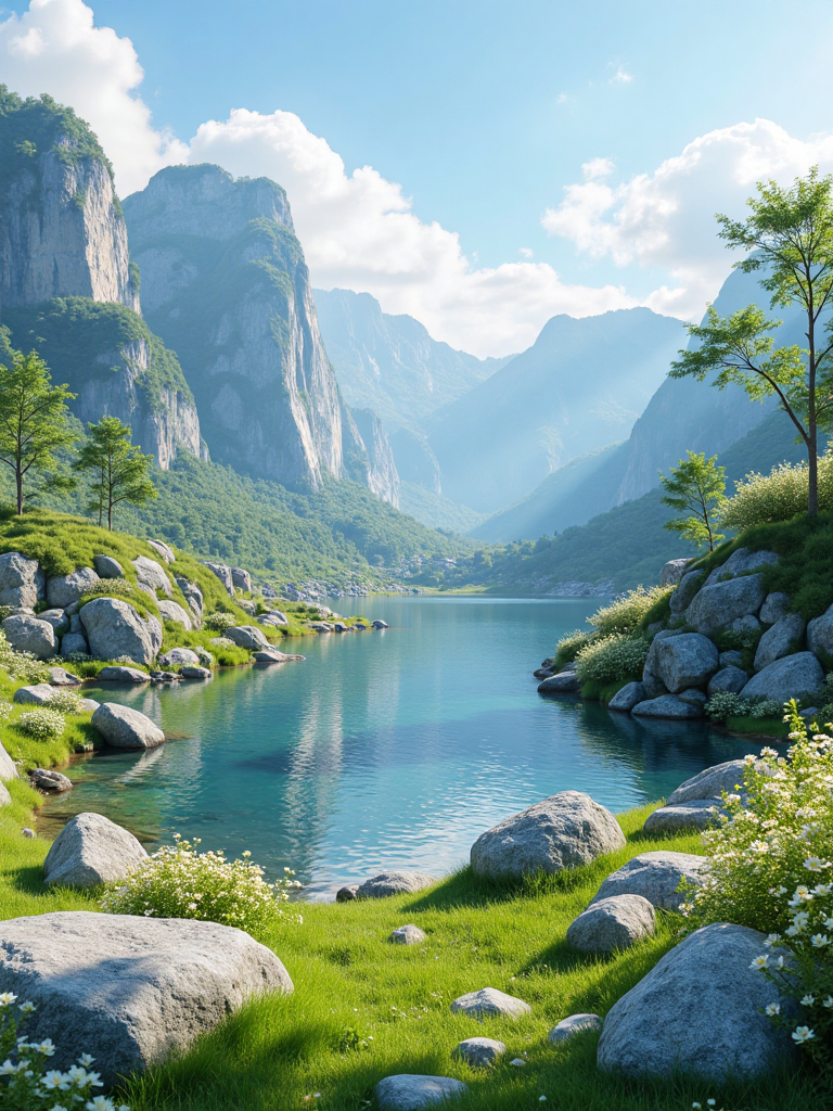 自然风光景色小溪风景摄影山川河流商务广告设计,HIRO,Primitive,Ecology,Rock, Constant scene A,masterpiece,surreal,realistic,wallpaper,ultra high definition,32K,natural scenery,spring,white flowers,grass,water,lake,stones,flowers of various colors,clean background,mountains,various color coral,c4d,ue5,