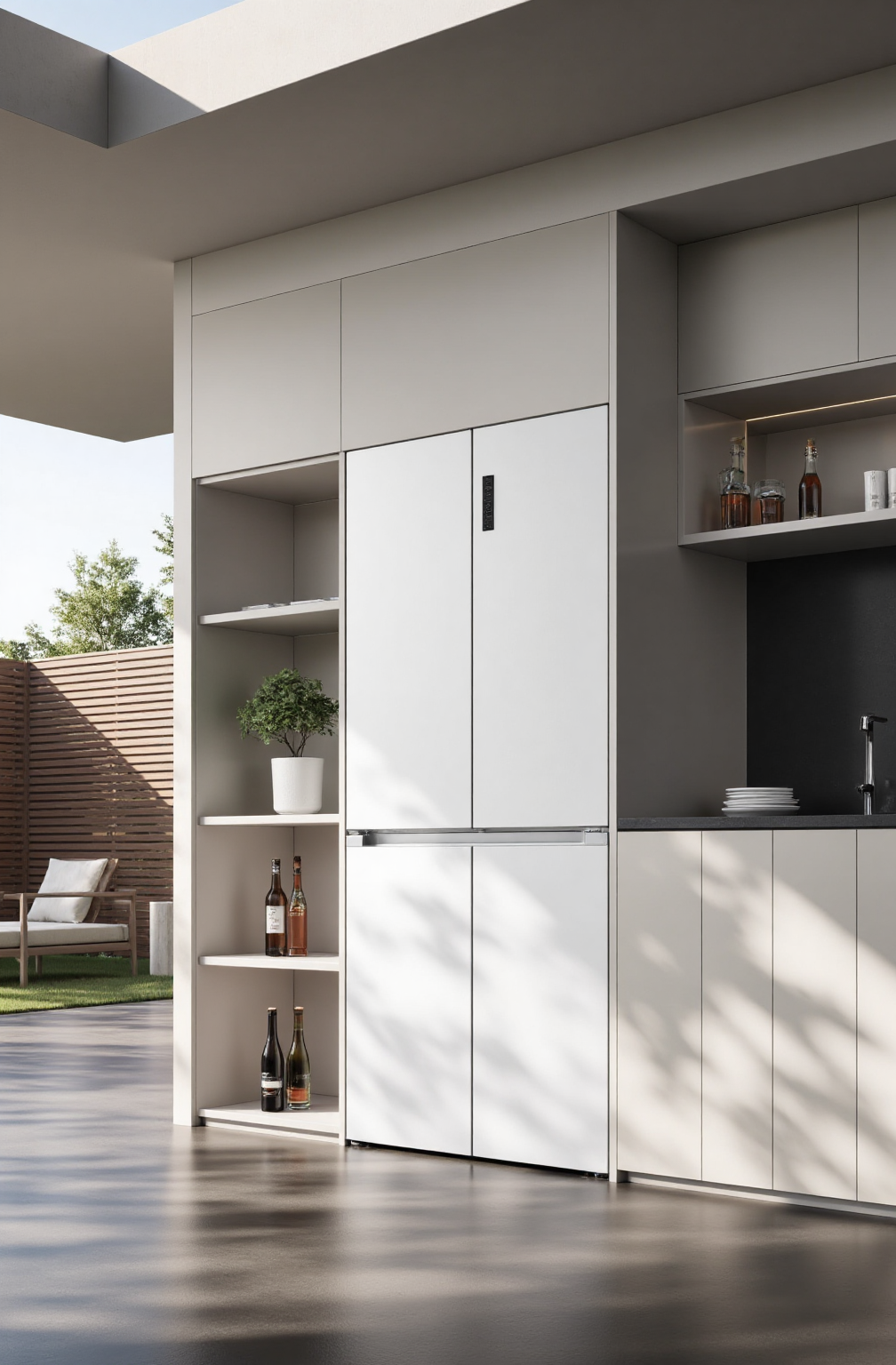 冰箱场景图,01,Photograph of a modern outdoor kitchen with sleek, minimalist design. Features a white refrigerator with a built-in glass shelf displaying bottles and a potted plant. The kitchen area has a black countertop and backsplash. Sunlight filters through the slatted roof, casting shadows. Background includes a wooden fence and outdoor seating area.