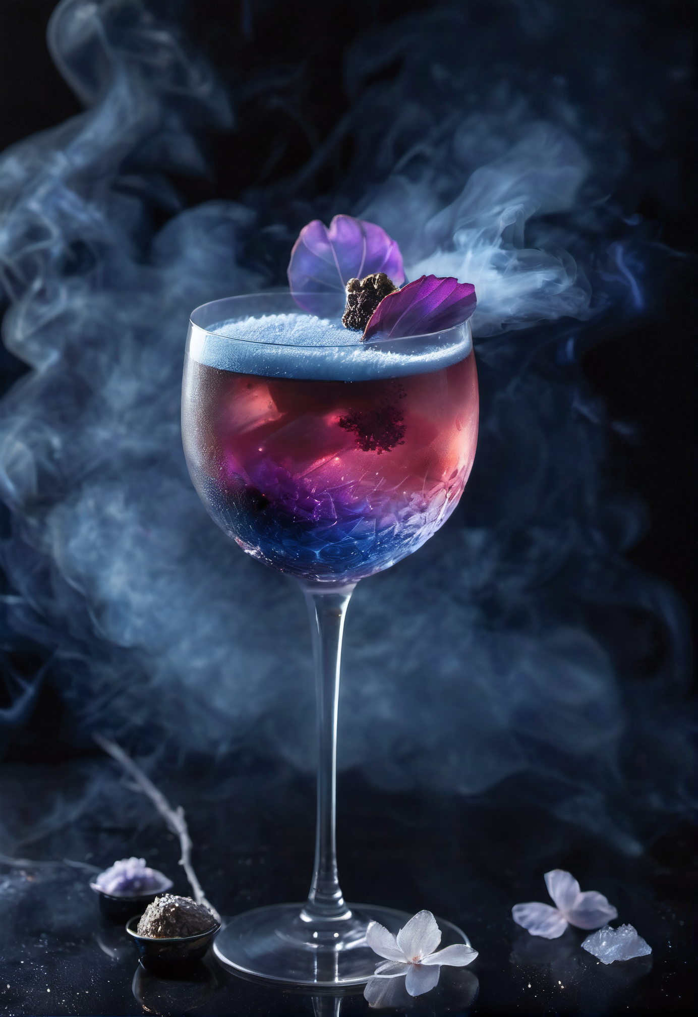 鸡尾酒,Michelin Guide, Michelin Three Star Dish Style. In the darkness, a sparkling crystal wine glass, reflecting light, a sparkling dreamy cocktail, layered cocktail, self illuminating, blue purple, dark, mysterious and terrifying, dry ice mist, light smoke, dried petals. Elegant, Garnish, soft light. highly detailed, ultra-high resolutions, 32K UHD, best quality, masterpiece
