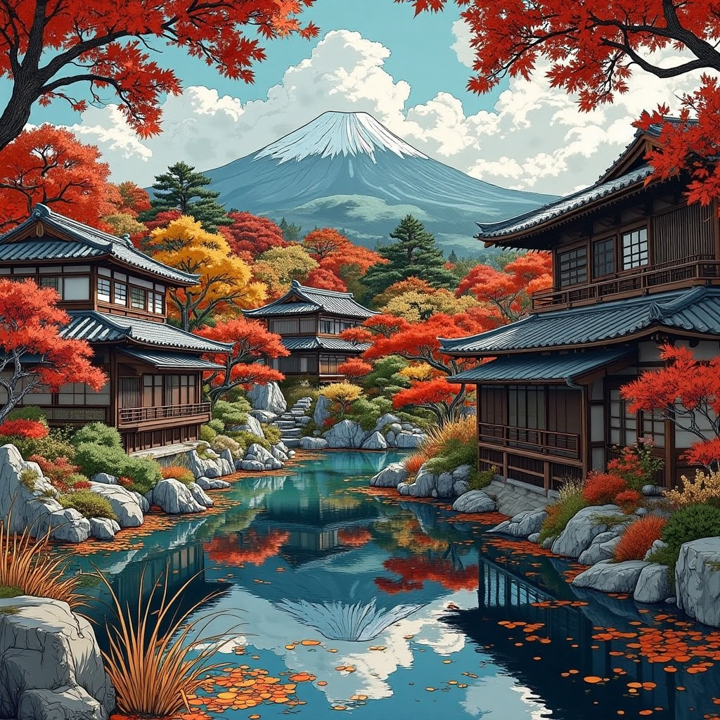 ,E_style,This is a captivating Japanese - style landscape painting. Traditional Japanese architecture, like wooden houses with tiled roofs, is nestled among vibrant autumn foliage—trees ablaze with red, orange, and yellow leaves. A serene pond reflects the colorful scenery, with fallen leaves floating on its surface. In the distance, Mount Fuji stands tall under a partly cloudy sky. The scene blends natural beauty and cultural elements, creating a tranquil and picturesque autumn setting.