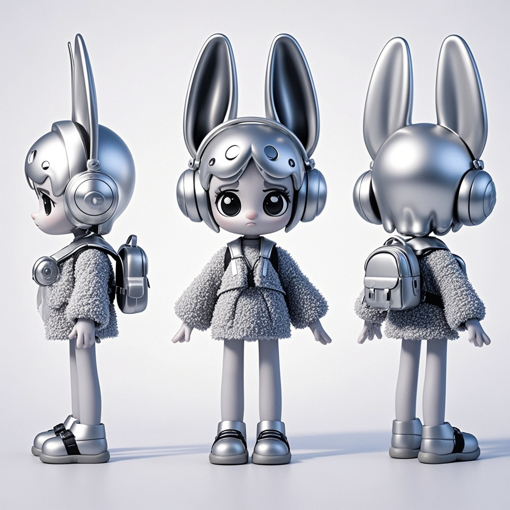 口袋-潮玩IP,生成一个潮玩IP形象,三视图,正面,侧面,背面,保持风格统一,白色背景上出现了一个大耳朵、戴着耳机、背着背包的银色卡通人物。该人物具有银色酸性液态金属质感和夸张的比例,赋予其可爱而俏皮的外观。它在纯色背景下直立,散发着魅力和可爱。图像具有清晰的焦点、景深和清晰的细节。
