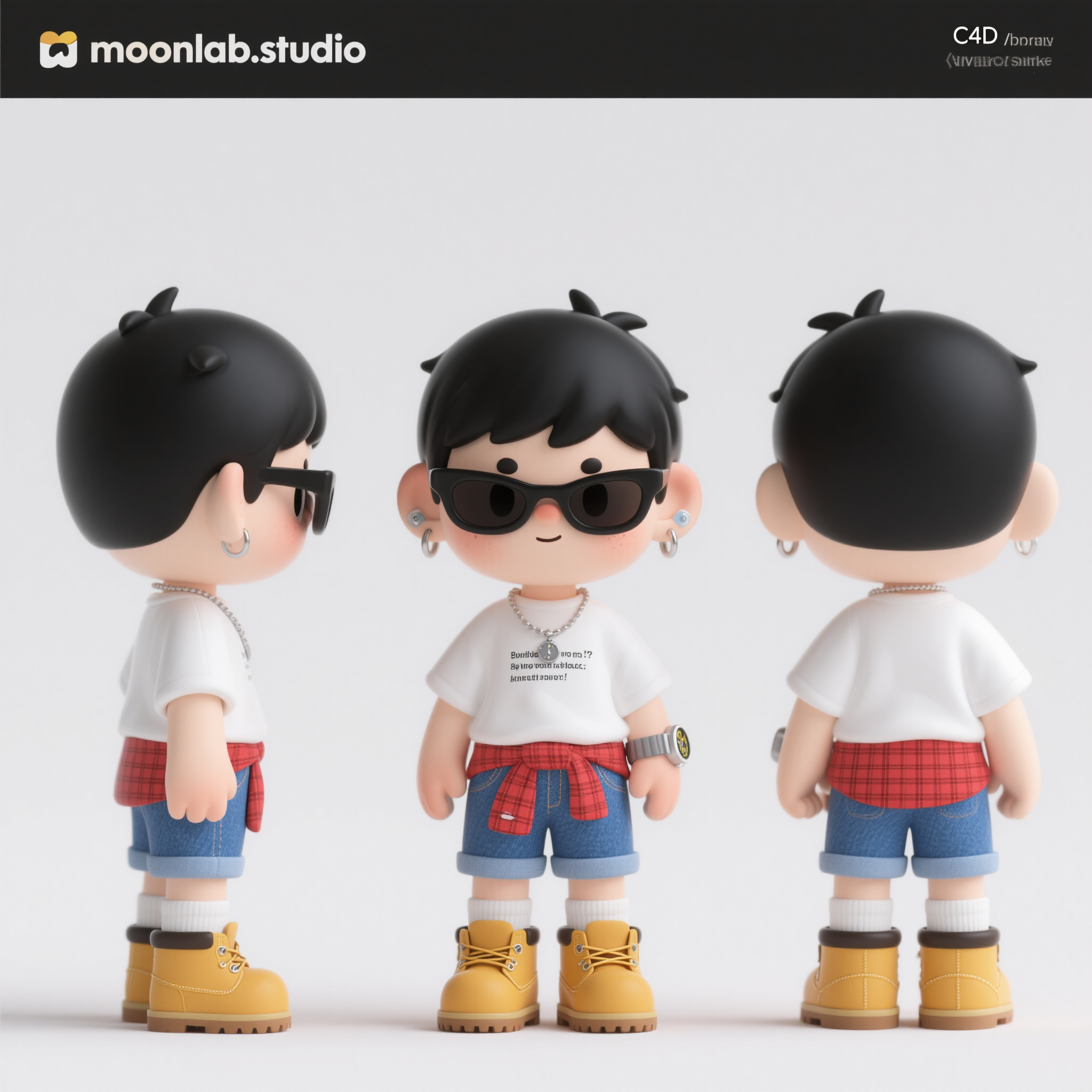口袋-潮玩IP,生成一个潮玩IP形象,三视图,正面,侧面,背面,保持风格统一,泡泡玛特盲盒手办,Q版人物,正面,全身,moonlab_studio风格,极简,可爱的卡通形象,纯白色干净背景,杰作,质量最好,8K,极简主义,穿着一套时尚休闲的街头风格服装,包括一件印有幽默文字的白色宽松T恤,搭配一条蓝色牛仔短裤,在腰间系上一件红色格子衬衫,增添层次感,脚上穿着黄色的工装靴,搭配白色袜子,头戴一副时尚的太阳镜,脖子上挂着一条简单的项链,手腕上佩戴一块手表的小男孩,黑色头发耳朵带着耳环,表情高冷,面部表情生动,整体造型展现出一种轻松随意的街头风格,适合日常休闲或外出活动,时尚,艺术,保持一致性和统一性,模型展示,明亮,3d,C4D,知识产权风格,最佳画质,8K,超级详细