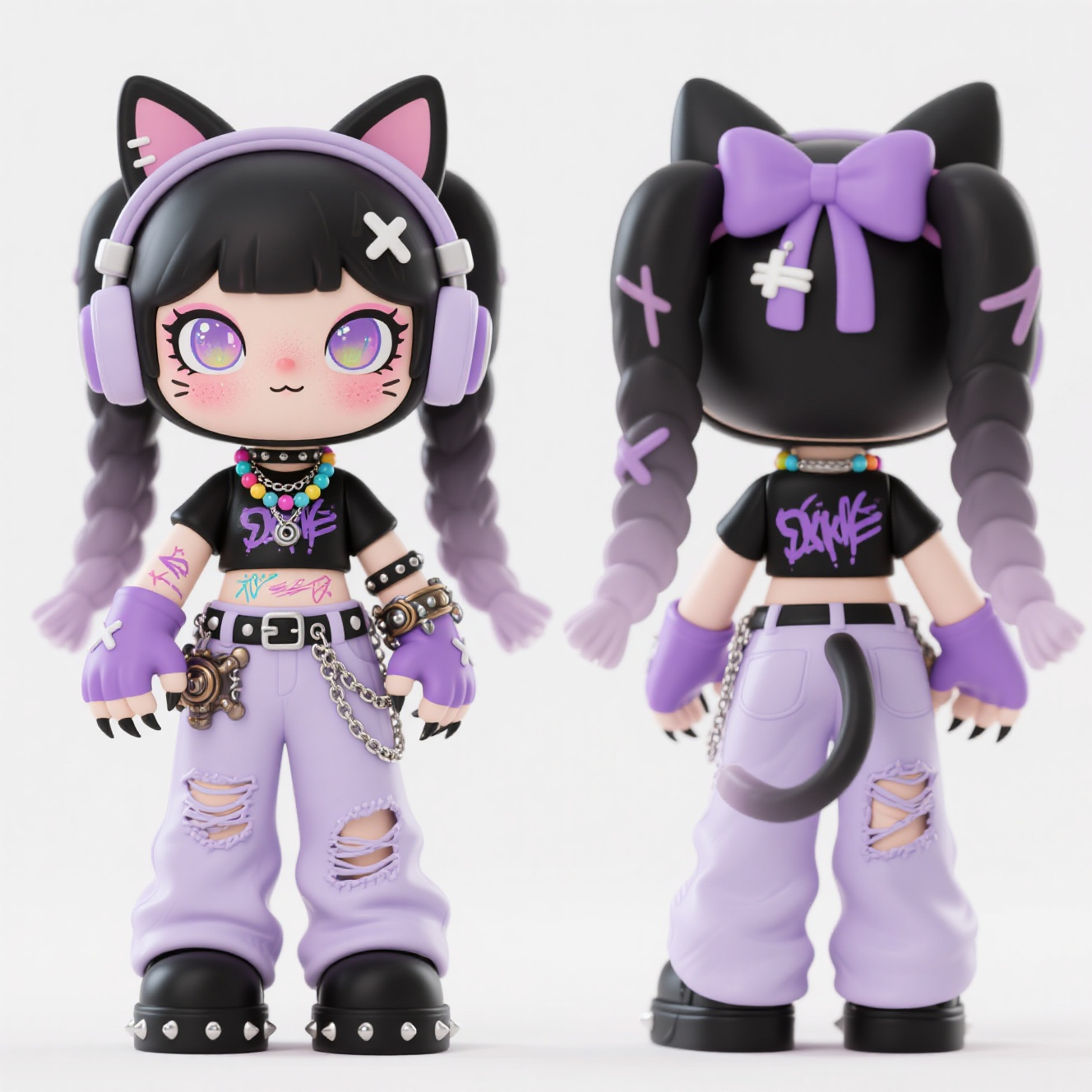 口袋-潮玩IP,生成一个潮玩IP形象,三视图,正面,侧面,背面,保持风格统一,是一个2.5头身Q版手绘涂装潮玩手办。一套甜酷风格穿搭。动作模拟一只小猫咪,人物头戴带有猫耳的淡紫色耳机,身着黑色短款上衣,上衣有紫色涂鸦图案 ;搭配浅紫色破洞长裤裤脚堆叠。脚踩黑色厚底鞋,鞋上有白色十字和铆钉装饰 。左手戴有紫色猫抓手套和,右手带有繁复的蒸汽朋克装饰手链,颈间有搭配多层项链,包括彩色圆珠链、金属链等项圈配饰。整体造型融合甜美与酷炫元素,展现出个性时尚的亚文化穿搭风格。妆容是甜酷风格的千禧辣妹造型。妆容上,脸颊带有粉色腮红,眼睛是米山舞老师q版动漫风格的眼睛画法,眼部有闪亮装饰,眼线彩铅渐变手绘质感,嘴是线条勾勒,脸上有手绘涂鸦。增添俏皮感;发型是两条粗又长的双马尾造型,里面有细小编发,搭配紫色蝴蝶结发饰和白色十字夹,个性又时尚;粘土细腻柔和质感,打磨抛光。