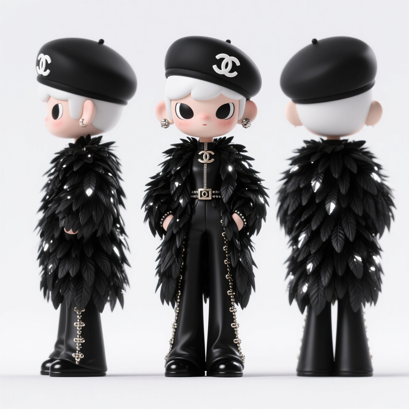 口袋-潮玩IP,生成一个潮玩IP形象,三视图,正面,侧面,背面,保持风格统一,帮我制作一个,超级超级有趣的潮玩手办,表情不食人间烟火的那种,透露着一股仙气,穿着黑色小片羽毛夸张大衣,毛毛蓬松,非常仿真,在光照下闪闪发光,戴着黑色的贝雷帽子,帽子侧面有香奈儿LOGO,小香风面料的拖地裤,金属配件装饰其中,要高级独特,先锋服装设计,高清,光影效果,高饱和度,背景干净。正面