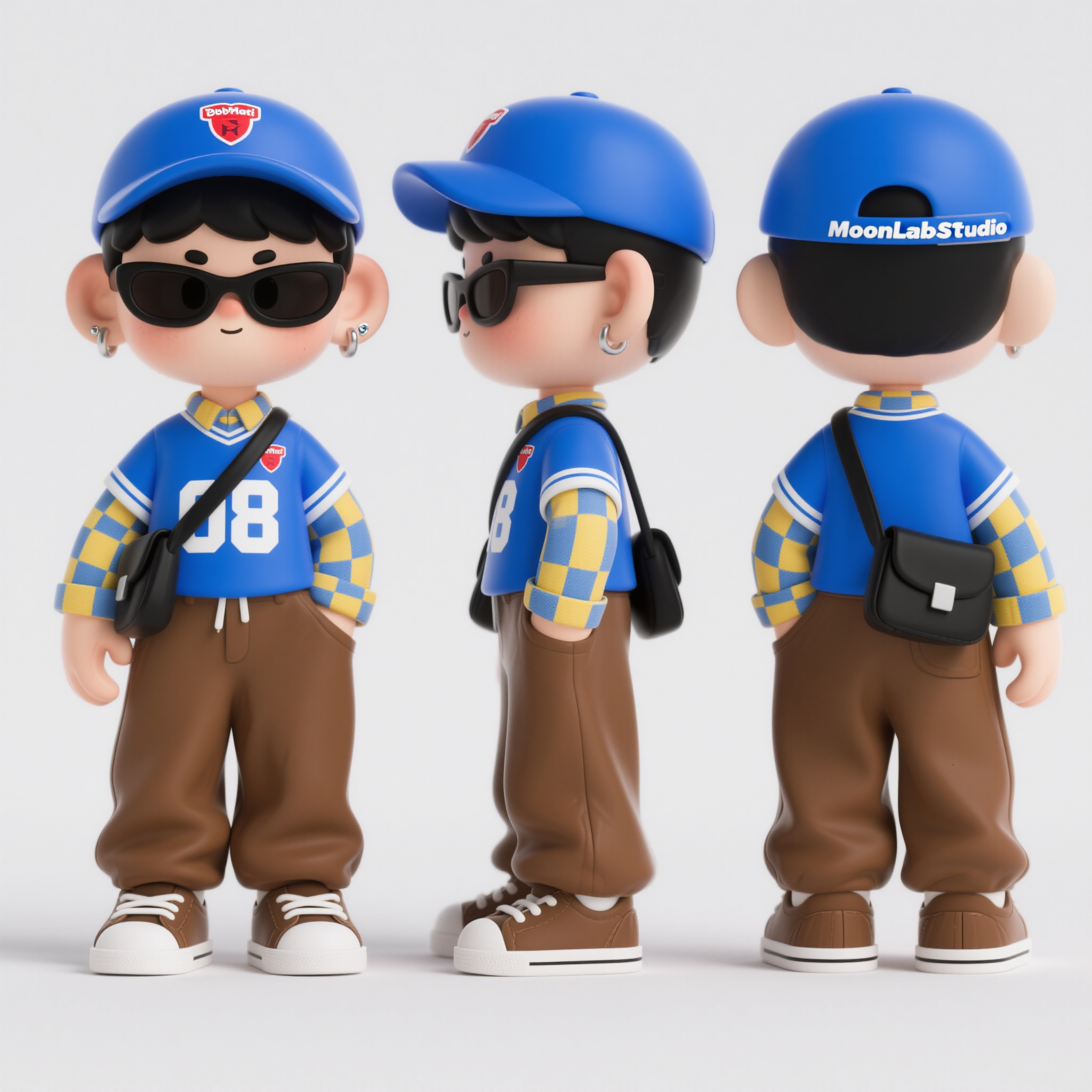 口袋-潮玩IP,生成一个潮玩IP形象,三视图,正面,侧面,背面,保持风格统一,泡泡玛特盲盒手办,Q版人物,正面,全身,moonlab_studio风格,极简,可爱的卡通形象,纯白色干净背景,杰作,质量最好,8K,极简主义,穿着一套休闲街头风格的服装,包括一件蓝色的运动球衣,上面印有白色的数字“08”和红色的队徽。搭配一条棕色的宽松长裤,腰间系着一件黄色和蓝色格子衬衫。头戴一顶蓝色的棒球帽,佩戴黑色墨镜,肩上斜挎一个黑色小包。脚上穿着棕色板鞋的小男孩,黑色头发耳朵带着耳环,表情高冷,面部表情生动,整体造型展现出一种轻松随意的街头风格,适合日常休闲或外出活动,时尚,艺术,保持一致性和统一性,模型展示,明亮,3d,C4D,知识产权风格,最佳画质,8K,超级详细