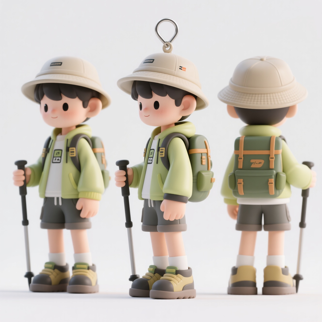 口袋-潮玩IP-户外运动,生成一个潮玩IP形象,三视图,正面,侧面,背面,保持风格统一,一个逼真塑料动作人偶,潮玩吊卡的形式展现:“户外运动风男生,渔夫帽,登山包,登山杖等户外装备”,真人比例,白底