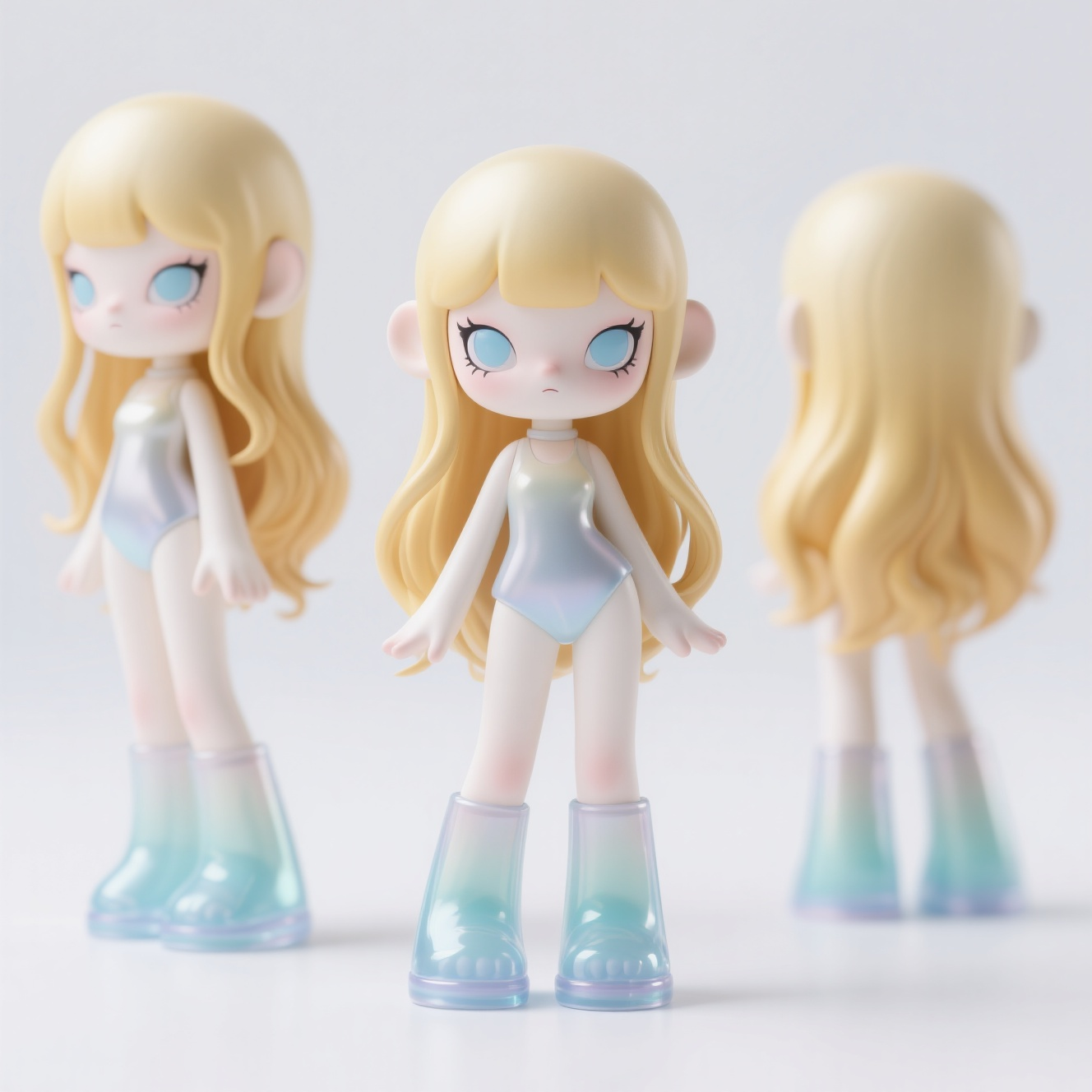 口袋-潮玩IP,生成一个潮玩IP形象,三视图,正面,侧面,背面,保持风格统一,潮玩盲盒,手办设计,精致刻画,大头小身体,大脚,流畅的线条,梦幻感,绝美的女孩,金色如瀑般长发笼罩身子,淡蓝色眼睛,蜡白皮肤,柔光,冷白色背景,梦幻光影,色彩弥漫,弥散光影,色彩弥散,极简风格,个性,烟熏妆,高挑身姿,装饰性透明渐变脚套,透明渐变衣