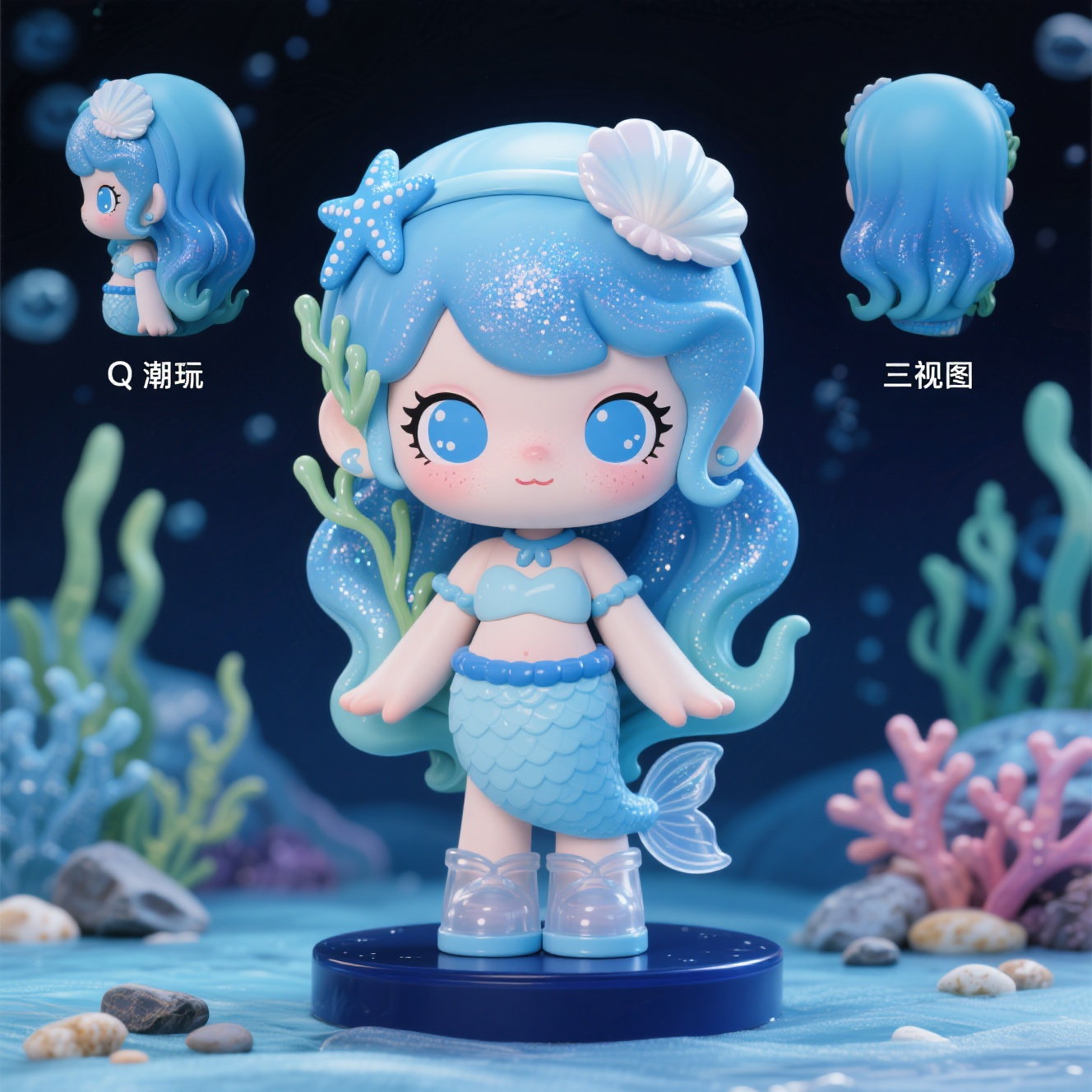 口袋-潮玩IP,生成一个潮玩IP形象,三视图,正面,侧面,背面,保持风格统一,露出三个视图整体形象, 海洋萌宝·蓝漪 形象:Q版造型,高约10厘米。一头水蓝色的波浪长发,如同海洋中涌动的水流,发间手绘着精致的贝壳、海星等海洋元素,还巧妙点缀着蓝色闪粉,模拟出海水波光粼粼的效果。淡蓝色的肌肤运用水彩晕染,呈现出如同在海水中被光线折射的独特质感。面部:大大的眼睛犹如深邃的海洋,呈现出迷人的深蓝色,眼妆用蓝色和紫色颜料以细腻的手绘笔触晕染,模拟出海洋深处神秘而绚丽的光影。眼白部分洁白明亮,眼角处精心手绘了一滴晶莹的水珠图案,仿佛是从海洋中跃出时留下的痕迹。睫毛长而卷翘,如同海水中飘动的水草,每一次眨动都仿佛能掀起海洋的涟漪。淡粉色的嘴唇边缘用蓝色轻轻晕染,如同海洋中娇艳的珊瑚与海水交融的色彩。服饰配饰:穿着一条浅蓝色的鱼尾裙,裙面上用手绘技法绘制出活泼的海豚、灵动的水母和美丽的珊瑚等海洋生物,色彩鲜艳,充满动感。腰间系着一条用蓝色丝线编织的腰带,上面用银色颜料手绘出流畅的波浪花纹。头上戴着一个由贝壳和海草编织而成的发箍,贝壳上用手绘赋予了它们丰富的色彩和独特的纹理。手臂上戴着用透明塑料和蓝色珠子串成的臂环,珠子上精心绘制着水波纹路。脚上穿着一双透明的水鞋,鞋面上手绘着可爱的小鱼和水泡图案,仿佛随时准备在海洋中畅游。底座背景:底座是深蓝色圆形,通过3D打印结合手绘的方式,塑造出栩栩如生的珊瑚、摇曳的海草和圆润的小石子,手绘的色彩和线条生动地表现出它们在海水中的姿态。背景卡上印着一幅水彩风格的海底世界景象,色彩清新柔和,展现出海洋的神秘与美丽,与潮玩相得益彰。