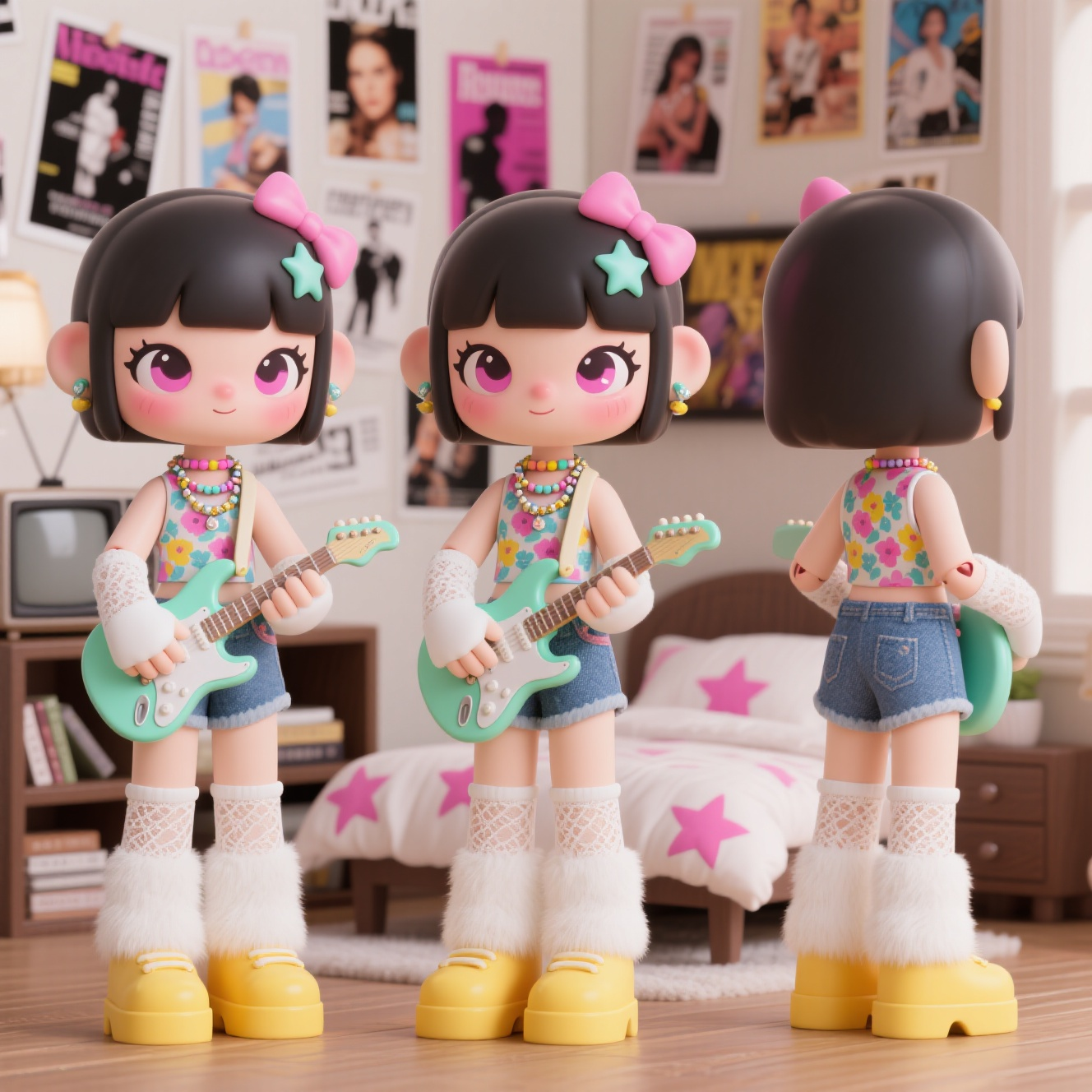 口袋-潮玩IP,生成一个潮玩IP形象,三视图,正面,侧面,背面,保持风格统一,是一个2.5头身Q版手绘涂装潮玩手办。身穿花色无袖上衣,搭配牛仔短裤,脚下是黄色厚底鞋,搭配白色毛绒长袜,色彩对比鲜明又时尚。手上戴着白色蕾丝手套,怀抱一把清新的浅绿色电吉他,尽显俏皮。颈间多层项链叠戴,搭配简约手链,丰富整体造型细节,整体造型融合甜美与酷炫元素,展现出个性时尚的亚文化穿搭风格。头发蓬松微卷,以粉色蝴蝶结和多彩星星发夹点缀,洋溢着甜美俏皮气息,妆容是甜酷风格的千禧辣妹造型。妆容上,脸颊带有粉色腮红,眼睛是q版动漫风格的眼睛画法,眼部有闪亮装饰,眼线彩铅渐变手绘质感,不要黑色,睫毛细线条丙烯笔排线绘制,眼头浅,眉尾深的棕色,微微上扬,嘴是线条勾勒,脸上有手绘涂鸦。增添俏皮感,粘土细腻柔和质感,打磨抛光,手办达人手绘涂装完成,笔触感。尽显个性与音乐氛围感。背景是布置温馨的房间,墙上贴满杂志海报,床品是黑白底色配粉色星星图案,一旁还有书架、老式电视机等物件,营造出复古又充满生活气息的空间。整体画面传递出青春时尚、热爱音乐的氛围