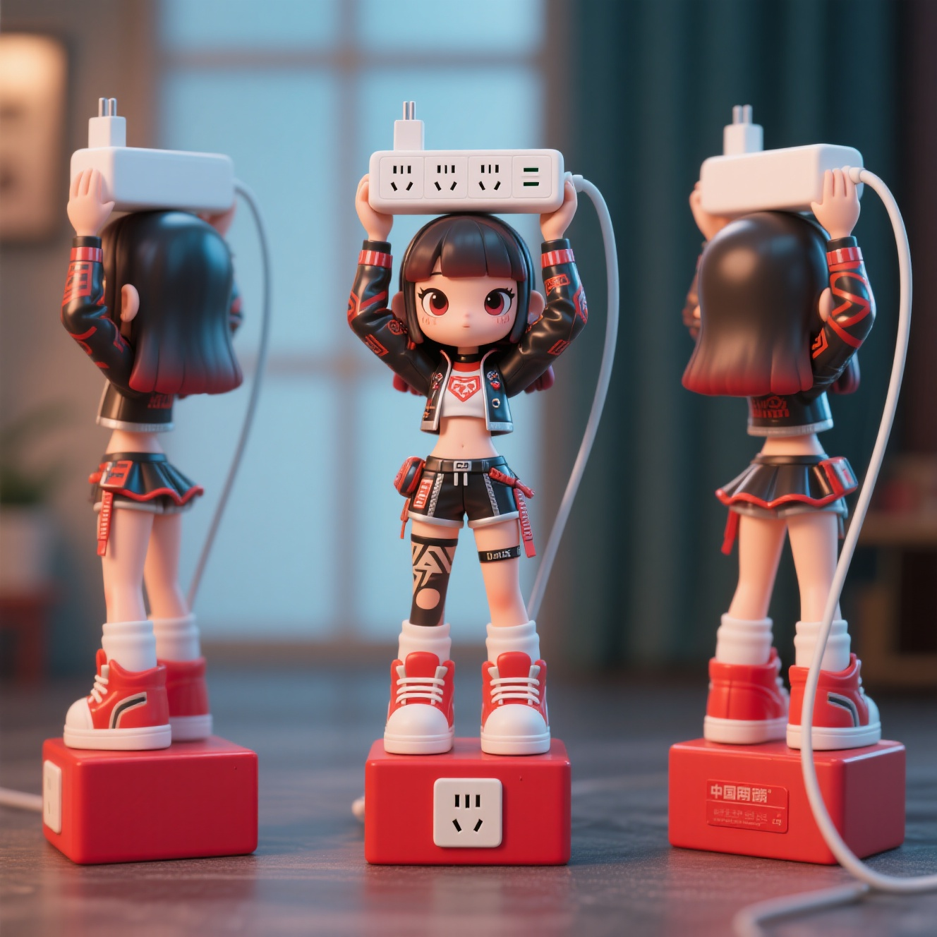 口袋-潮玩IP,生成一个潮玩IP形象,三视图,正面,侧面,背面,保持风格统一,由一位酷酷的女玩偶双手举起稳稳的托住插线板,下面脚踩的部分也是一个红色方形插线板底座,为了稳定性,真实场景展示,适用于中国制式插孔,intricate costume design, photorealistic skin,Unreal Engine 5 model,高渲染质量。