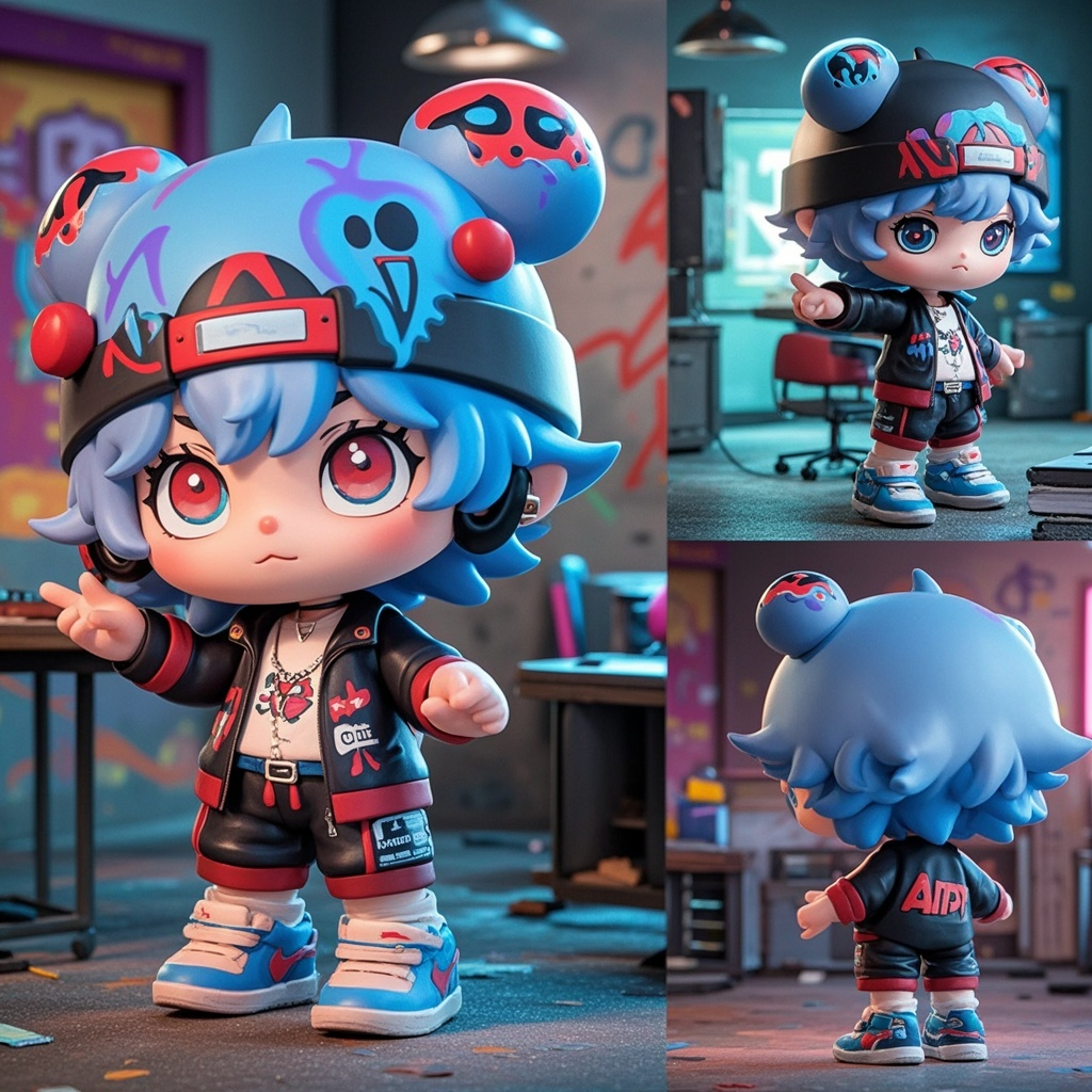 口袋-潮玩IP,生成一个潮玩IP形象,三视图,正面,侧面,背面,保持风格统一,3D高级感手办,Q版,可爱手办穿着嘻哈服,潮酷,痞帅,涂鸦,废弃办公,oc渲染,光影,手办盲盒,4K,高分辨率