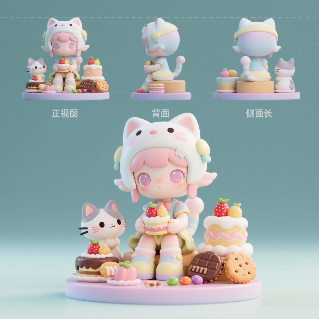 口袋-潮玩IP,生成一个潮玩IP形象,三视图,正面,侧面,背面,保持风格统一,特写高清视角,一个精美复杂的Q版二次元女孩动物萌态坐姿,手办摆台、精巧制作,配件丰富有猫咪,精致水果甜点蛋糕,巧克力,mm豆,饼干等甜点装饰,背景纯色简约,整体场景色彩清新明亮,营造出梦幻、甜美的童话氛围,二次元手绘风格,潮玩摆件设计,中景,可爱梦幻氛围