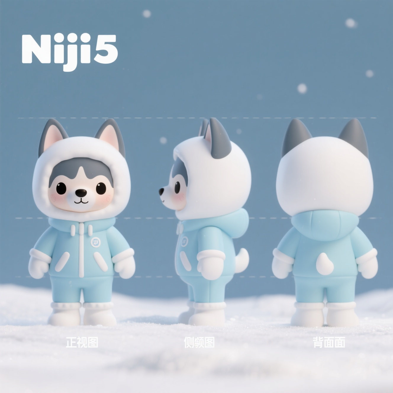 口袋-潮玩IP,生成一个潮玩IP形象,三视图,正面,侧面,背面,保持风格统一,Generate three views (front, left, back), chibi husky in a snowsuit, POP MART blind box style, 3D model, clay texture, matte finish, pastel blue and white, clean background, octane render --ar --niji5