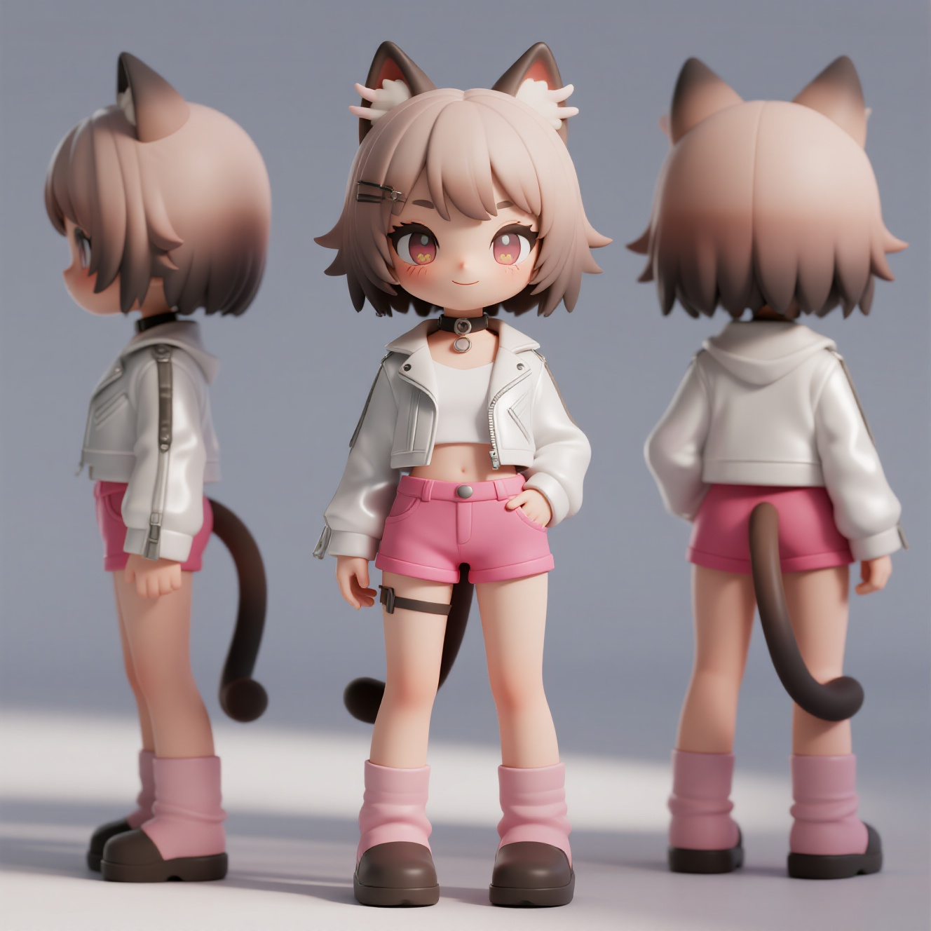 口袋-潮玩IP,生成一个潮玩IP形象,三视图,正面,侧面,背面,保持风格统一,极致的光影和细节Q版,手办,粘土细腻哑光材质,色彩治愈,收藏质感。 灵动,妆容精致,眼睛动漫二次元渐变纯手绘精心绘制,模拟水润光泽,可爱,全身照,站立,头身比1.2:1,酷酷,穿着一件敞开的白色夹克,露出里面的白色衬衫。她有猫耳朵和尾巴,她的手放在粉红色的短裤口袋里,张着嘴微笑。她的动物耳朵绒毛清晰可见,她直视着观众。
