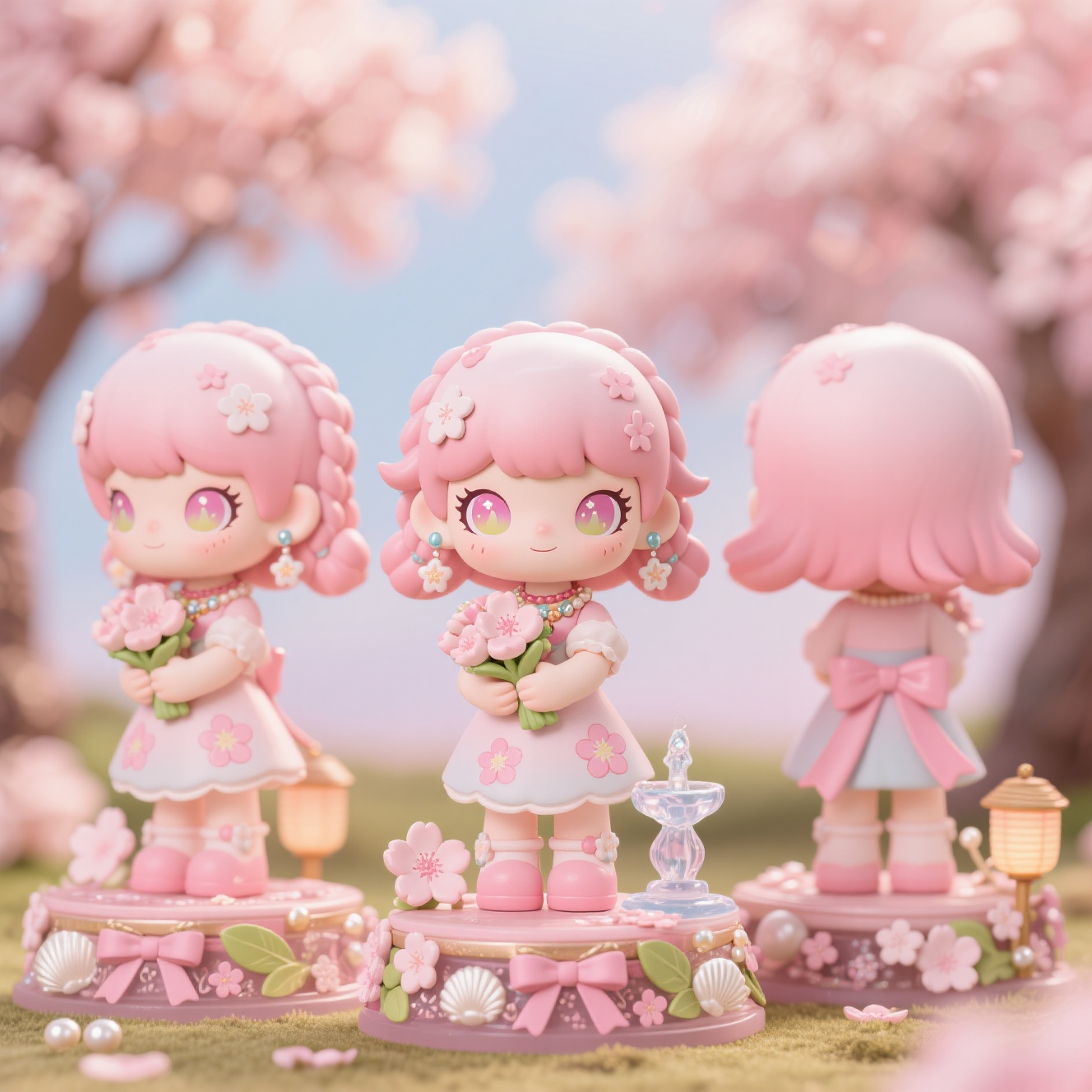 口袋-潮玩IP,生成一个潮玩IP形象,三视图,正面,侧面,背面,保持风格统一,一个超Q的粉色二次元风格卡通女孩手办摆件,抱着一束樱花,身着带有樱花图案的裙子,佩戴樱花造型的耳环、项链等配饰,眼睛呈渐变手绘风格且有星星高光,睫毛渐变,头发是编发、公主切等具有细腻蓬松灵动软陶质感的纯色二次元发型,站在装饰极其精美且复杂的契合樱花主题的底座上,底座有精致的樱花花朵、叶片、丝带、水晶、珍珠、贝壳等配饰,还可能有小型的樱花喷泉、樱花灯笼等创意元素,背景是虚化的樱花树,风格甜美清新,充满童趣,潮玩手办风格,特写,暖色调,上下构图