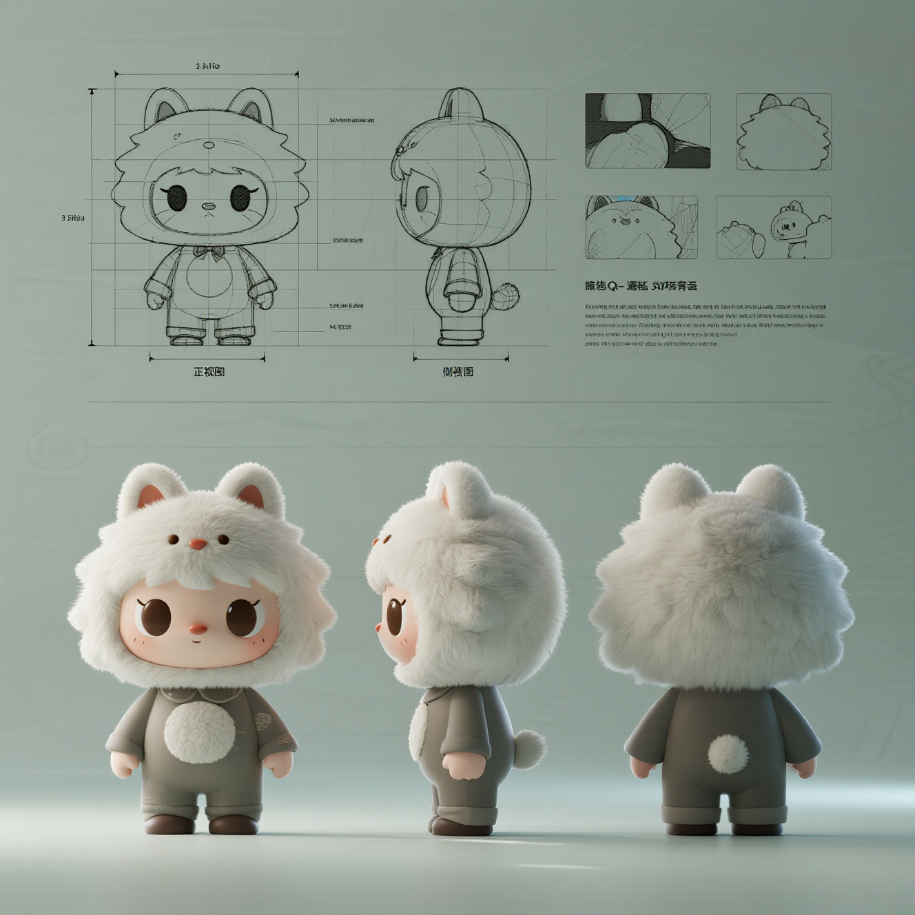 口袋-潮玩IP,生成一个潮玩IP形象,三视图,正面,侧面,背面,保持风格统一,In the style of blueprint to make Q version of april, mascot doll, furry, design sketch. Dimensions and explanatory text notes are included. Lines and measurements shall be used to indicate the dimensions of each part to give the sketch a technical and detailed feel. In addition to the main design, it also includes scattered thumbnails showing different angles, 3D depth of field