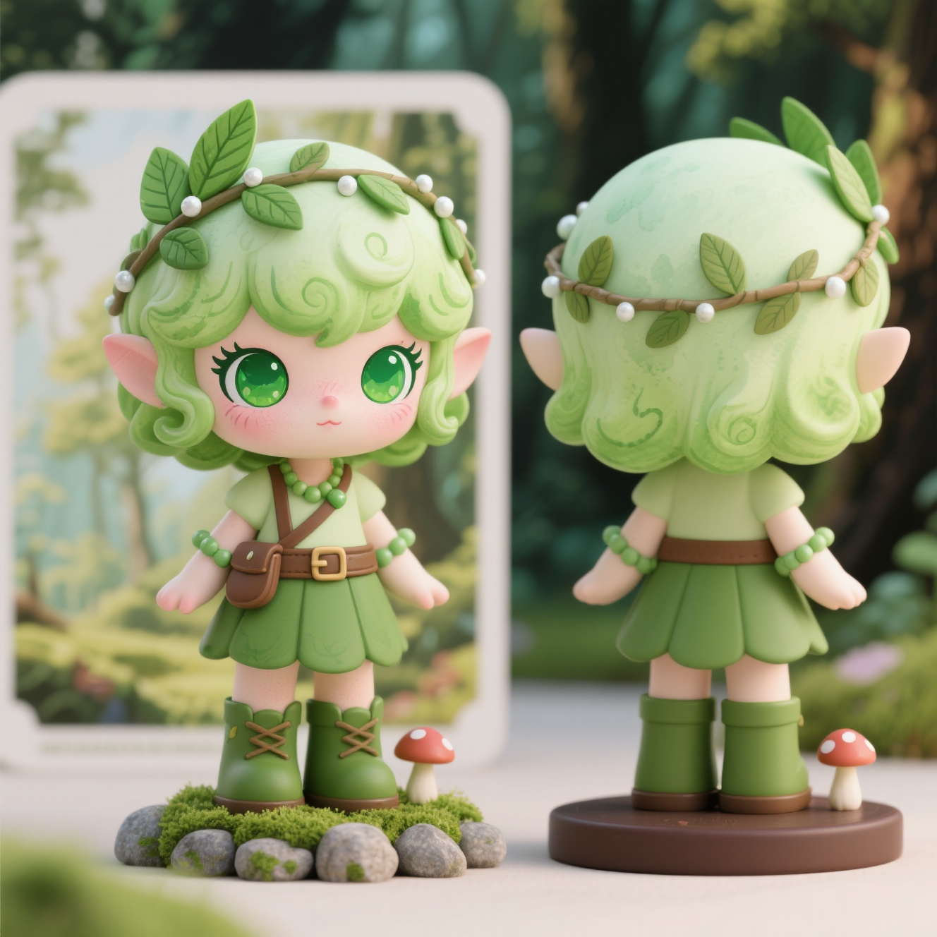 口袋-潮玩IP,生成一个潮玩IP形象,三视图,正面,侧面,背面,保持风格统一,1. 森林精灵·翠影 形象:10厘米Q版。翠绿卷发手绘叶片,浅绿色肌肤带水彩晕染感。面部:大圆眼如翡翠,绿系手绘眼妆,绘叶形图案,浓密睫毛似勾勒,淡粉唇周绿晕染。服饰配饰:草绿短裙手绘森林元素,棕色皮带手绘金纹。树叶花冠、藤蔓珠串臂环,短靴手绘青苔石子。底座背景:深棕圆底座3D打印结合手绘小草蘑菇,背景卡印油画风森林。