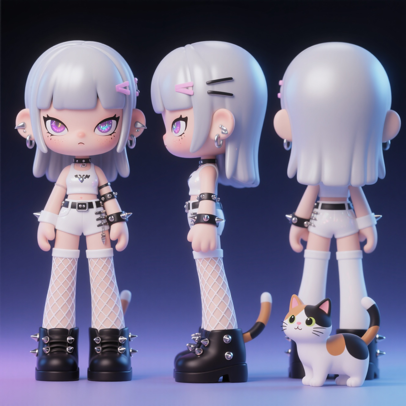 口袋-潮玩IP,生成一个潮玩IP形象,三视图,正面,侧面,背面,保持风格统一,孤傲小女孩,银发,女团风格,1:3头身比,眼神蔑视,铆钉鞋子,白色渔网袜,带点亮闪的眼影,脚边是一只乖巧的三花猫。3d潮玩,c4d渲染效果