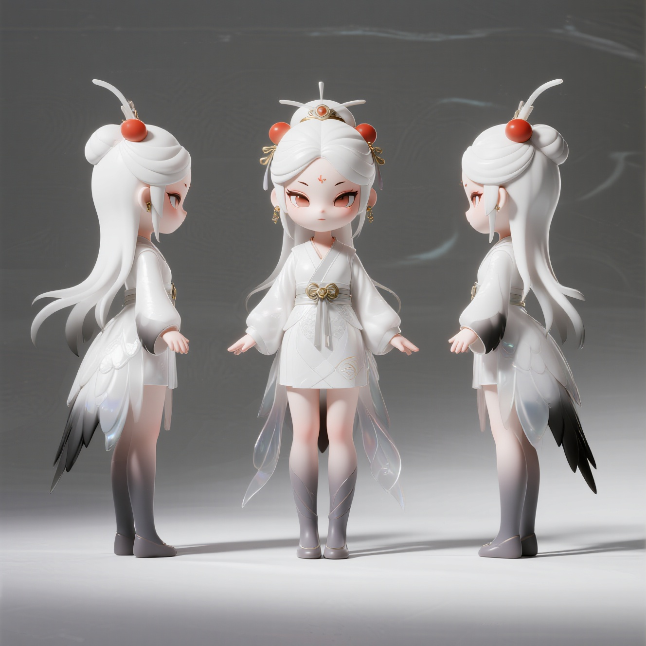口袋-潮玩IP,生成一个潮玩IP形象,三视图,正面,侧面,背面,保持风格统一,极致的光影和细节白化鹤女,仙侠风格,白色背景,3D质感,IP形象,Q-styleQ版风格,超级细节,8k质量超细节,3d效果,OC渲染器,高清