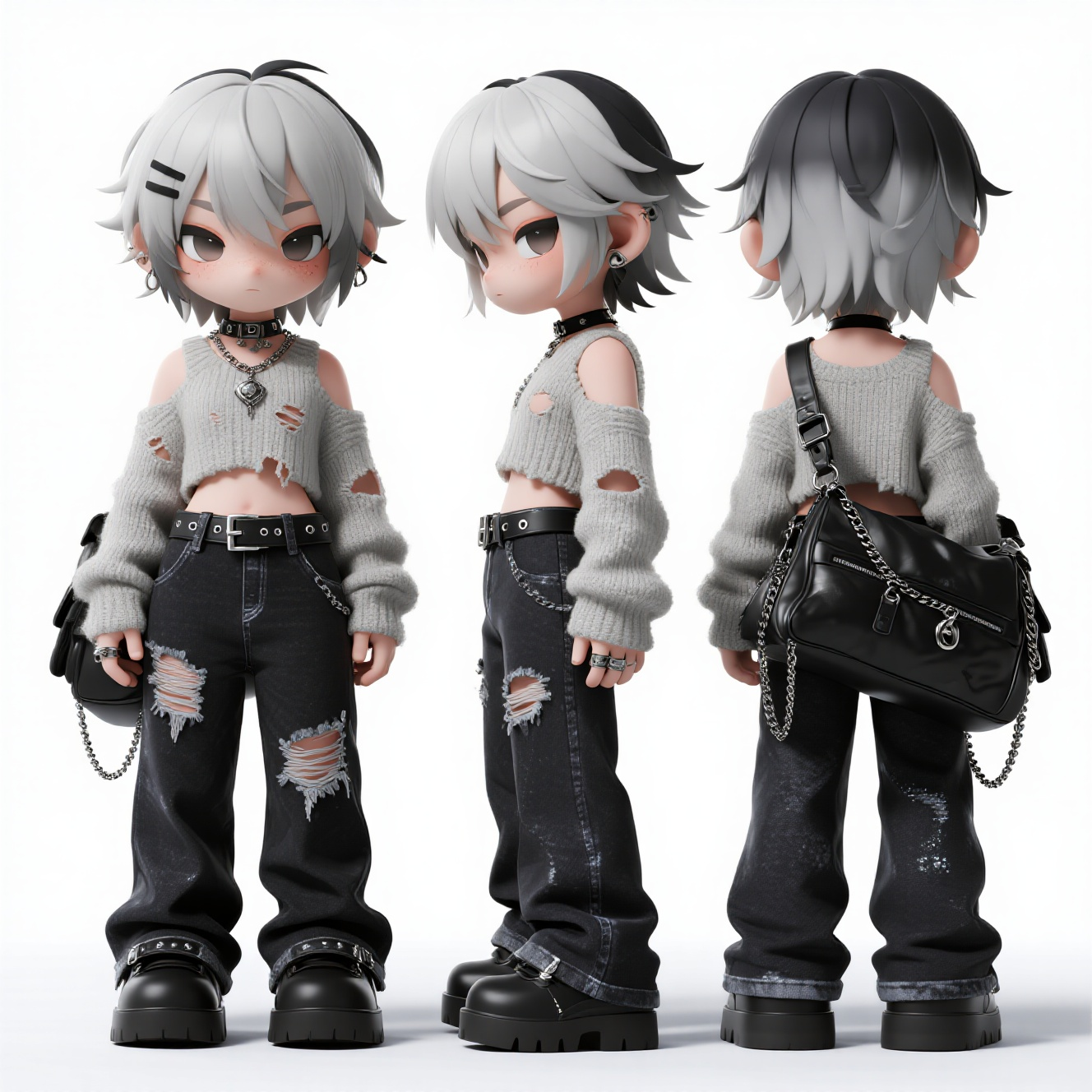 口袋-潮玩IP,生成一个潮玩IP形象,三视图,正面,侧面,背面,保持风格统一,生成一个3D卡通IP人物形象,青年感,凌乱鲻鱼短发(后颈发尾留长),顶部挑染做灰白渐变处理,单凤眼(眼尾轻微上扬),表情冷冽,撕裂感针织开衫(肩部镂空,衣摆不规则剪裁),金属皮带,带链条,黑色纸袋腰阔腿破洞牛仔裤(垂坠感面料+褶皱堆叠,面料里面有银线,会有闪闪的效果),金属首饰,黑色镶嵌银色金属扣件厚底大方头皮鞋,背一个超级超级大的旅行挎包,纯白色背景,静态站姿