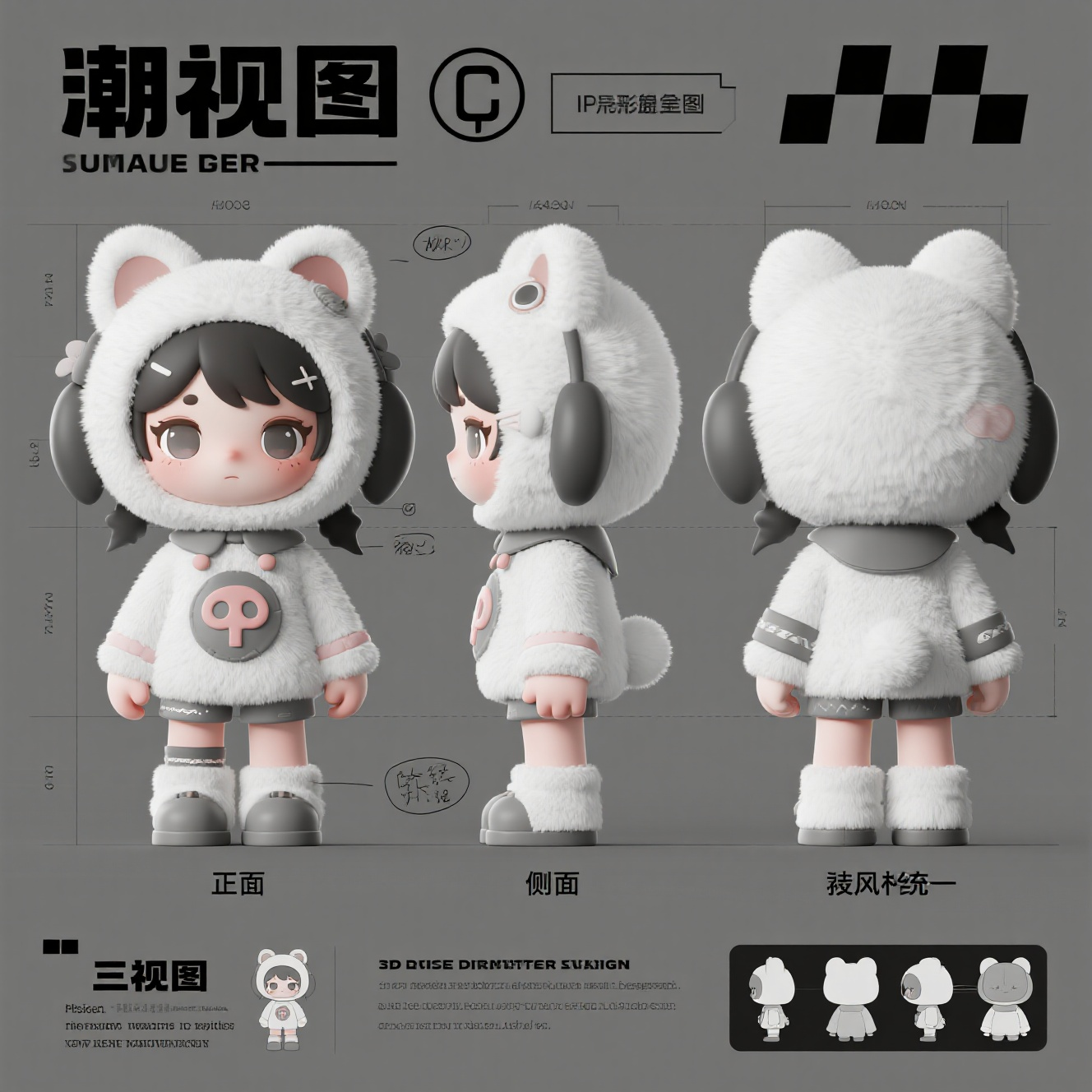 口袋-潮玩IP,生成一个潮玩IP形象,三视图,正面,侧面,背面,保持风格统一,In the style of blueprint to make Q version of sad girl, mascot doll, furry, design sketch. Dimensions and explanatory text notes are included. Lines and measurements shall be used to indicate the dimensions of each part to give the sketch a technical and detailed feel. In addition to the main design, it also includes scattered thumbnails showing different angles, 3D depth of field