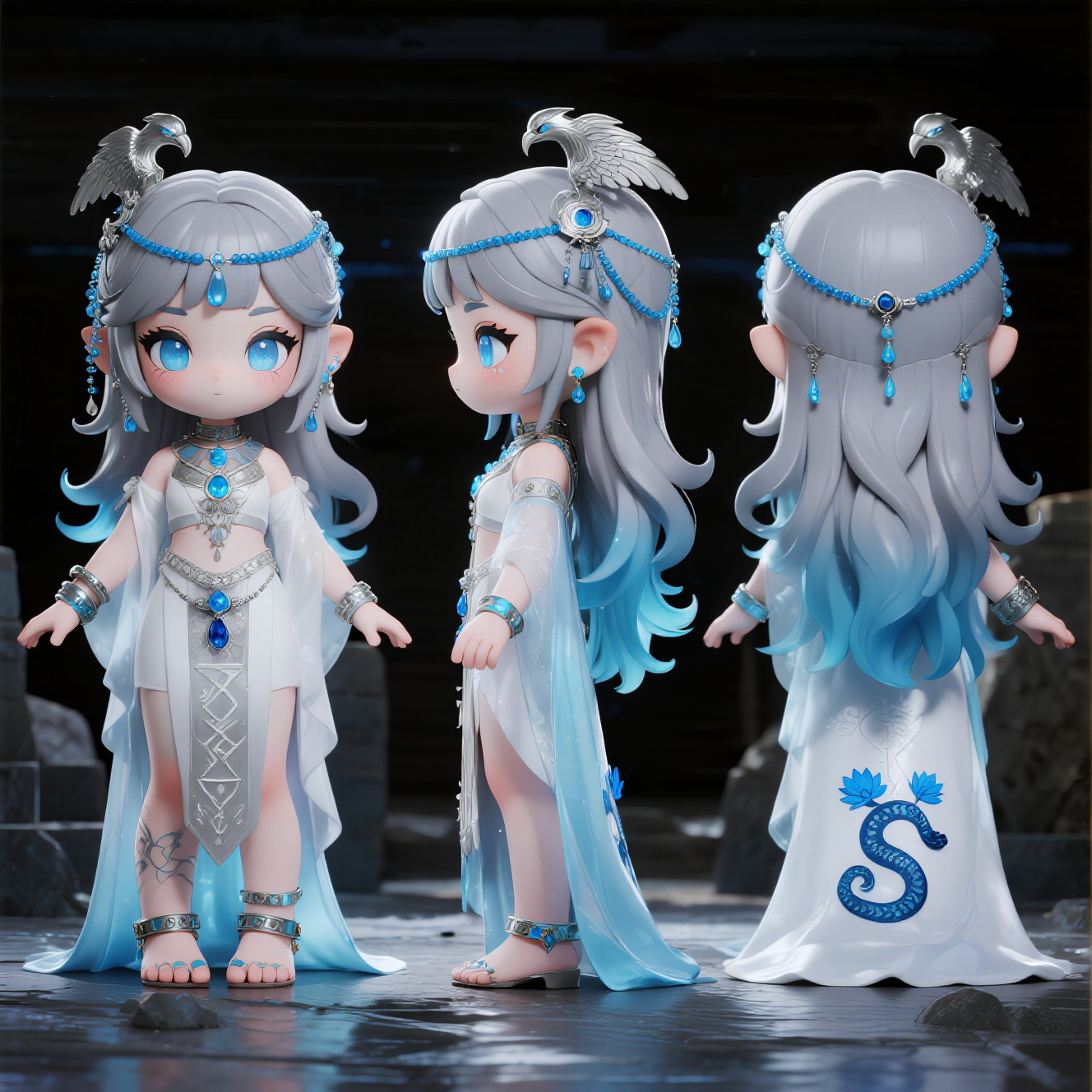 口袋-潮玩IP,生成一个潮玩IP形象,三视图,正面,侧面,背面,保持风格统一,极致的光影和细节暗影墓穴的幽光·灵魅埃及艳后;超Q版二次元女孩;发型为银灰色的瀑布长发,发尾掺杂淡蓝色挑染,发丝呈现细腻蓬松的灵动软陶质感,每一根都有清晰的颗粒感与自然的弯曲度。发饰是用蓝色琉璃珠串成的珠帘发帘,搭配银质的秃鹫造型发钗,琉璃珠散发着幽冷光泽,银质发钗有细致的纹理雕刻,配色与整体暗黑主题契合。眼睛为冰蓝色,二次元手绘渐变,瞳孔中浮现出墓穴中神秘光芒的动态细节,眼神空灵且魅惑,睫毛纤细而卷翘,手绘渐变呈现出冰丝般的质感。妆容以银白与冰蓝为主,银白的眼影如霜雪般铺陈,冰蓝色的眼线微微上扬,脸颊点缀着淡蓝色的泪滴状闪粉。服饰是白色轻纱与冰蓝色丝绸拼接的拖地长袍,轻纱部分有若隐若现的银色符文,丝绸部分绣着蓝色的莲花与蛇形图案,配饰是银质与蓝色水晶制成的手镯、脚链,刻有守护墓穴的符号。场景底座是灰白色的石质墓穴造型,有蓝色幽光从缝隙透出,周围散落着银色的骷髅小摆件与蓝色的磷光花朵。整体光影从下方打光,营造出神秘的光影效果,凸显软陶哑光反光,背景为虚化的墓穴暗影,中景有飘动的白色灵纱与闪烁的蓝色鬼火,特写聚焦服饰纹样与配饰的精致细节。关键词:超Q版灵魅埃及艳后,暗黑墓穴元素,软陶细腻质感,冰蓝冷调