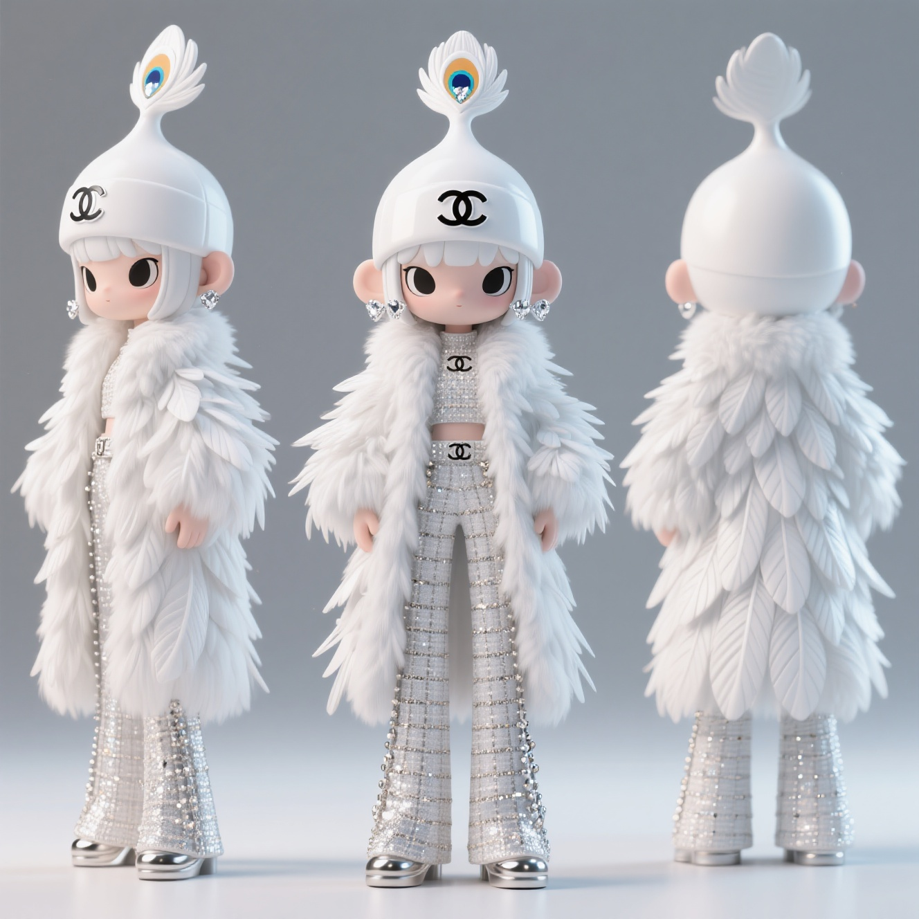 口袋-潮玩IP,生成一个潮玩IP形象,三视图,正面,侧面,背面,保持风格统一,一个超级超级有趣的潮玩手办,表情不食人间烟火,透露着一股仙气,穿着白色小片羽毛夸张大衣,毛毛蓬松,非常仿真,在光照下闪闪发光,戴着精致的白孔雀造型的帽子,孔雀眼睛是白色钻石做成,会反光,帽子侧面有香奈儿LOGO,小香风面料的拖地裤,金属配件装饰其中,要高级独特,先锋服装设计,高清,光影效果,高饱和度,背景干净。