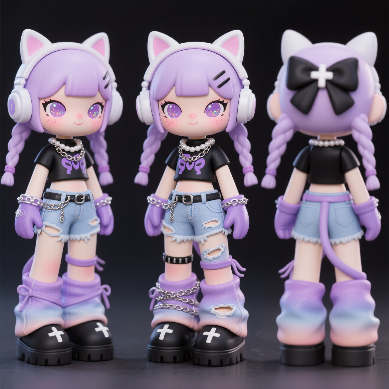口袋-潮玩IP,生成一个潮玩IP形象,三视图,正面,侧面,背面,保持风格统一,是一个2.5头身Q版手绘涂装潮玩手办。一套甜酷风格穿搭。人物头戴带有猫耳的淡紫色耳机,身着黑色短款上衣,饰有紫色图案 ;搭配浅紫色破洞牛仔短裤和同色系堆叠长裤,裤腿有破洞、绑带设计。脚踩黑色厚底鞋,鞋上有白色十字装饰 。手部戴有淡紫色手套和手链,颈间有搭配多层项链,包括珍珠链、金属链等项圈配饰。整体造型融合甜美与酷炫元素,展现出个性时尚的亚文化穿搭风格。妆容是甜酷风格的千禧辣妹造型。妆容上,脸颊带有粉色腮红,眼睛是米山舞老师q版动漫风格的眼睛画法,眼部有闪亮装饰,眼线彩铅渐变手绘质感,嘴是线条勾勒,脸上有手绘涂鸦。增添俏皮感;发型是头发双马尾造型,里面有细小编发,搭配黑色蝴蝶结发饰和白色十字夹,个性又时尚;粘土细腻柔和质感,打磨抛光,手办达人手绘涂装完成,笔触感。