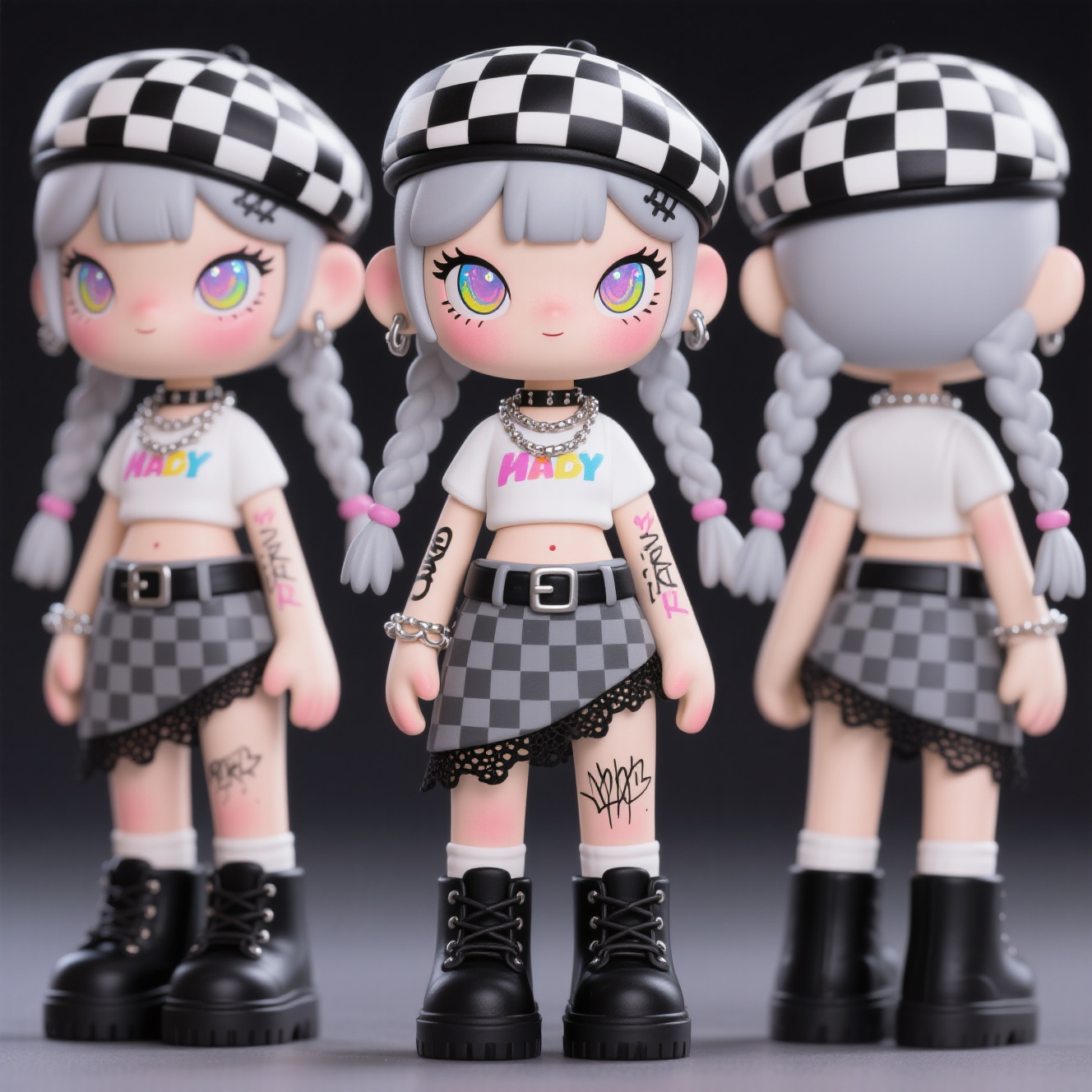 口袋-潮玩IP,生成一个潮玩IP形象,三视图,正面,侧面,背面,保持风格统一,是一个2.5头身Q版手绘涂装潮玩手办。一套街头潮流风格穿搭。浅灰色双麻花辫发型搭配黑白格纹贝雷帽,尽显俏皮。白色短款露脐T恤上有彩色字母印花,增添时尚感。外搭一件系在腰间的黑灰格纹衬衫,下摆不规则,搭配黑色蕾丝边短裤,个性又性感。黑色宽腰带搭配金属扣,强化酷感。下身是黑色系带厚底马丁靴,帅气十足。颈间多层项链叠戴,搭配简约手链,丰富整体造型细节,整体造型融合甜美与酷炫元素,展现出个性时尚的亚文化穿搭风格。妆容是甜酷风格的千禧辣妹造型。妆容上,脸颊带有粉色腮红,眼睛是q版动漫风格的眼睛画法,眼部有闪亮装饰,眼线彩铅渐变手绘质感,睫毛细线条丙烯笔排线绘制,眼头浅,眉尾深,微微上扬,嘴是线条勾勒,脸上有手绘涂鸦。增添俏皮感,粘土细腻柔和质感,打磨抛光,手办达人手绘涂装完成,笔触感。