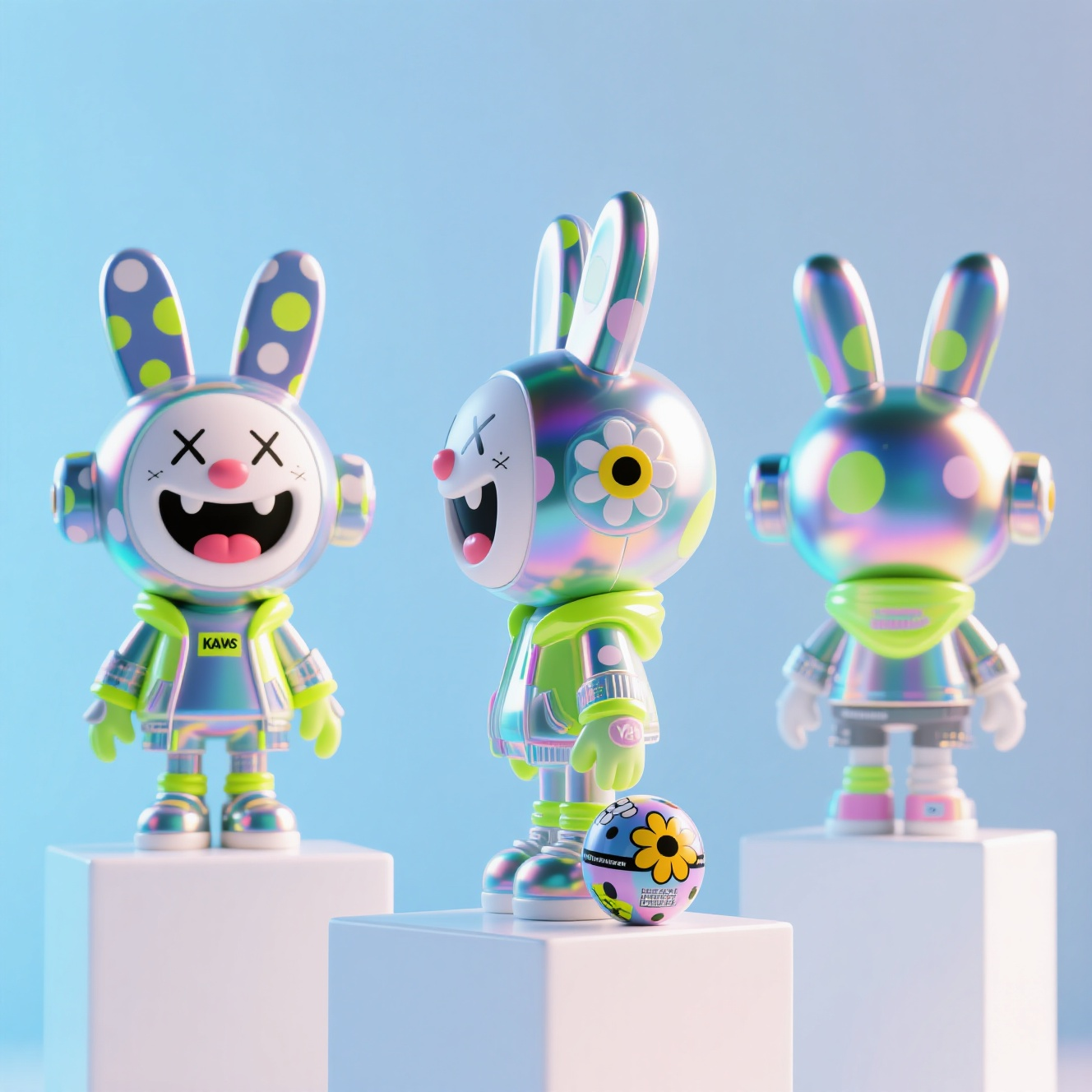 口袋-潮玩IP-兔子,生成一个潮玩IP形象,三视图,正面,侧面,背面,保持风格统一,潮玩兔子头,表情夸张大笑哈哈, 3D渲染,大头萌系,荧光色,未来感服饰,街头风,kaws,村上隆,镭射光泽,多巴胺配色,透明外壳,金属质感,动态姿势,潮牌联名,幻彩渐变,极简背景,收藏级手办,黏土材质,霓虹元素,太空元素,撞色设计,透明收藏卡,大眼睛,动漫脸,高光涂层,限量款,盲盒包装,蓝色渐变背景,荧光色,高饱和度,卡通萌系,大眼嘟嘟唇,街头风格,霓虹色外套,透明材质,未来感配饰,潮玩质感,陶瓷高光表面,玻璃光泽涂层,Behance趋势构图,纯白展示台,极简插画风,KAWS雕塑感,村上隆太阳花元素,草间弥生波点,唐纳德·贾德极简主义,干净矢量线条,抽象几何色块,高对比度阴影,动态扭蛋姿势,Y2K千禧美学,Mathias Augustyniak的平面构成 x Yuko Higuchi手作温度 x Olafur Eliasson光效实验