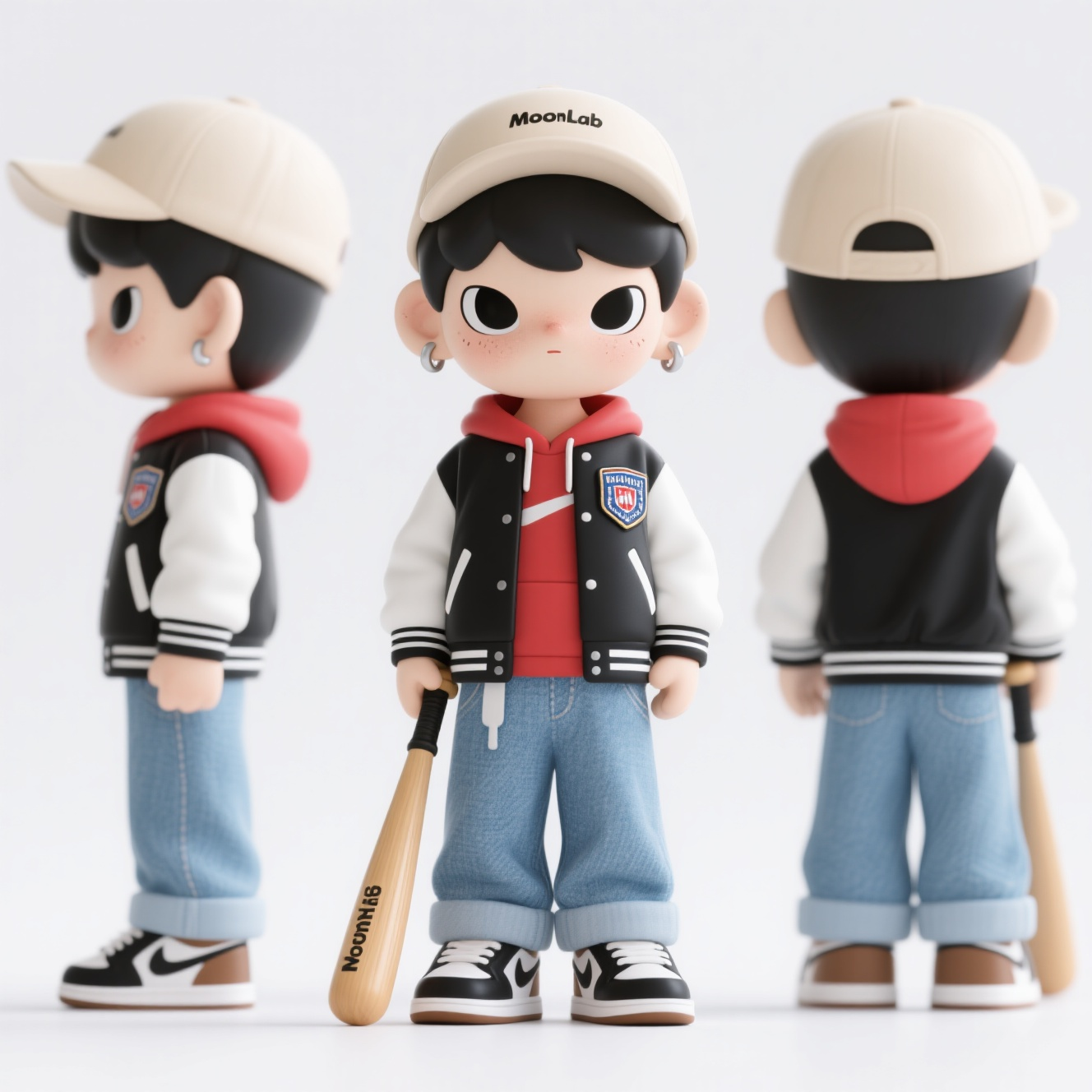 口袋-潮玩IP,生成一个潮玩IP形象,三视图,正面,侧面,背面,保持风格统一,泡泡玛特盲盒手办,Q版人物,正面,全身,moonlab_studio风格,极简,可爱的卡通形象,纯白色干净背景,杰作,质量最好,8K,极简主义,穿着一套休闲运动风格的服装,包括一件黑色棒球夹克,夹克上有白色条纹装饰和徽章图案,内搭红色连帽衫。下身穿着宽松的浅蓝色牛仔裤,脚上搭配一双黑色和棕色的棒球鞋。模特头戴一顶浅色棒球帽,手持一根棒球棒的美式小男孩,黑色头发耳朵带着耳环,表情高冷,面部表情生动,整体造型展现出一种轻松自在的街头风格,带有运动元素,时尚,艺术,保持一致性和统一性,模型展示,明亮,3d,C4D,知识产权风格,最佳画质,8K,超级详细