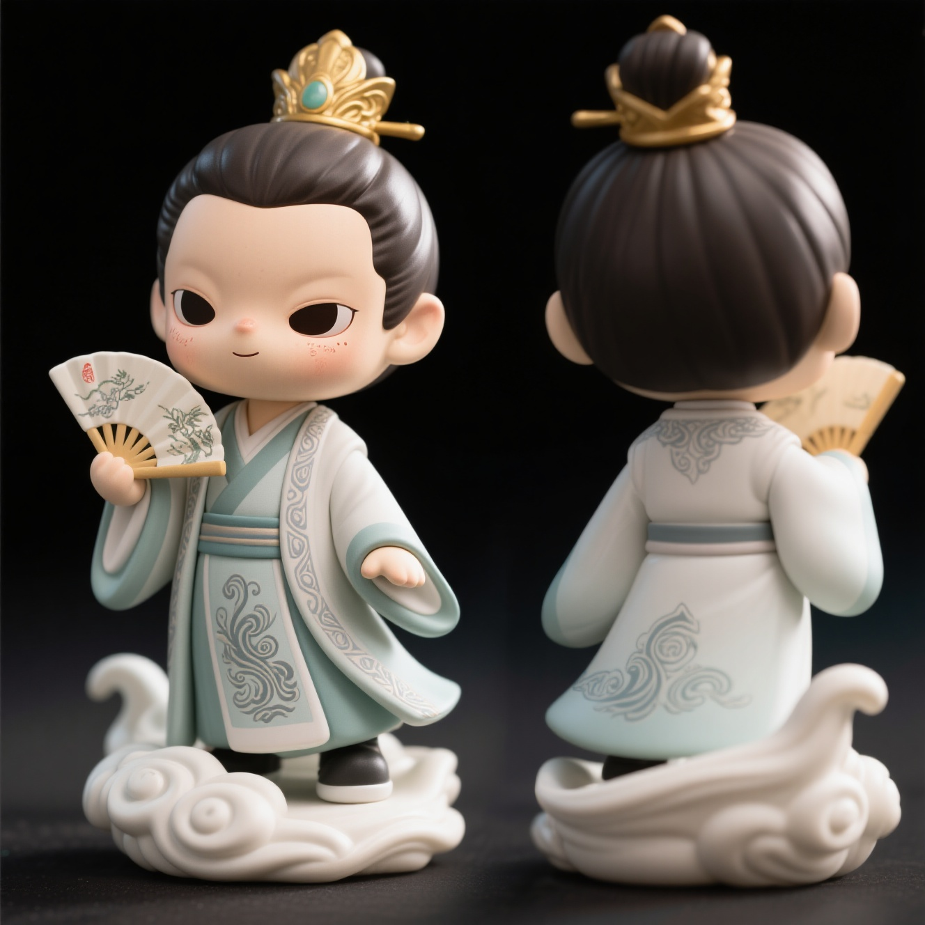口袋-潮玩IP,生成一个潮玩IP形象,三视图,正面,侧面,背面,保持风格统一,胡歌古装角色q版化,束发金冠配刺绣长袍手持折扇,脚踩祥云底座旋转展示姿态,仙侠主题潮玩手办,chibi风格二头身设计,哑光陶瓷质感,45度俯拍,中国风纹样装饰,戏剧化光影层次