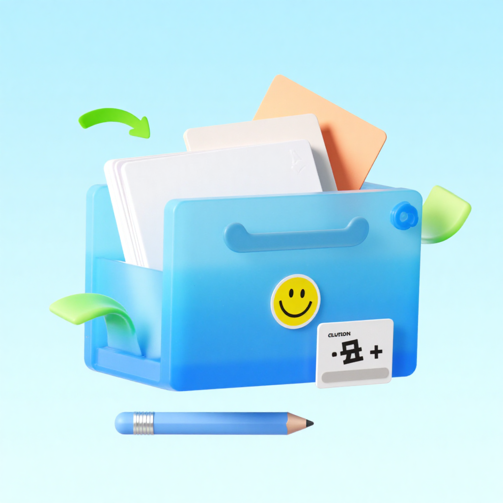 文件盒C4D风格卡通元素文件夹运营元素,Supercoolvision,moshazhigan,Supercoolvision,moshazhigan,Main elements: A transparent blue toolbox,with several differently colored cards (such as white, light orange) inserted inside,and a label with a smiling face sticker on the surface of the toolbox.,Background: A bright and fresh light blue gradient background with a soft gradient effect.,Additional elements: A pencil below the toolbox,and a green curved decoration in the top left corner.,Style: Adopting a simple,cartoon,flat illustration style with bright and vivid colors.,