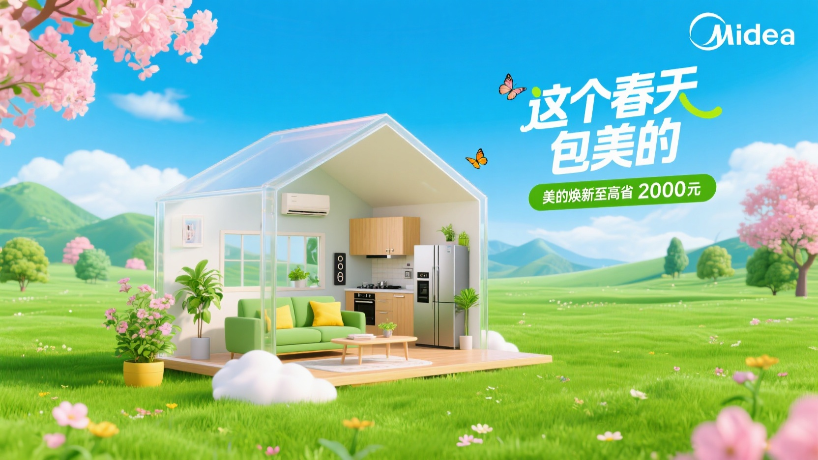 banner-家电宣传,画面呈现一个透明的现代化小屋在左边占画面一小部分侧着放,展示出内部的家居布局。屋内有客厅和厨房区域,客厅内有绿色沙发、黄色抱枕,沙发旁有绿植装饰,上方安装空调,旁边放置音响;厨房区域有橱柜、灶台、烤箱、冰箱等家电。小屋外部左侧有一盆开满粉色花朵的植物,点缀几只蝴蝶,底部有白色云朵装饰。颜色鲜艳一点3D渲染,背景是开阔的春日户外景色,蓝天白云,远处有青山和绿树,前景是大片绿色真实感草地,,点缀着一点的花朵。画面右上角有 “Midea” 标志,右侧有艺术字体的文字 “这个春天 包美的” ,下方绿色矩形框内有文字 “美的焕新至高省 2000 元” 。整体画面色彩明亮清新,充满春日氛围,突出美的家电产品和优惠信息。草地绿油油的,再真实一点