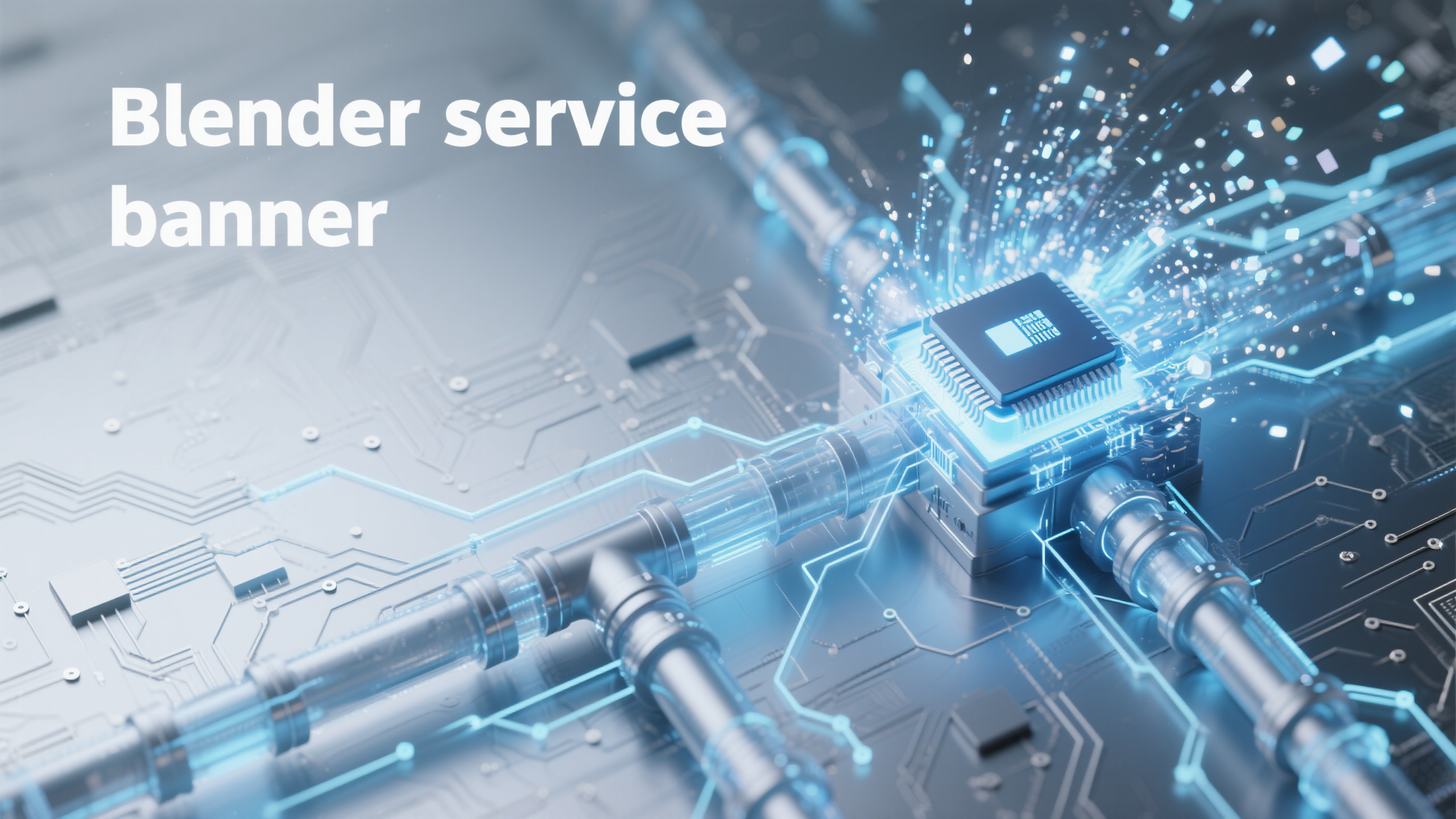 banner-科技芯片,benner,画面右侧芯片结构吸收光粒子并疯狂旋转,粒子从芯片向下快速向四面散发,数据飞线构成水利管网透视图并在传输数据且粒子在飞快流动着,雾霭银渐变背景营造空间感,Blender渲染风格,蓝白色 网页服务banner,俯视透视构图,半透明材质内部发光效果,电路图布局效果
