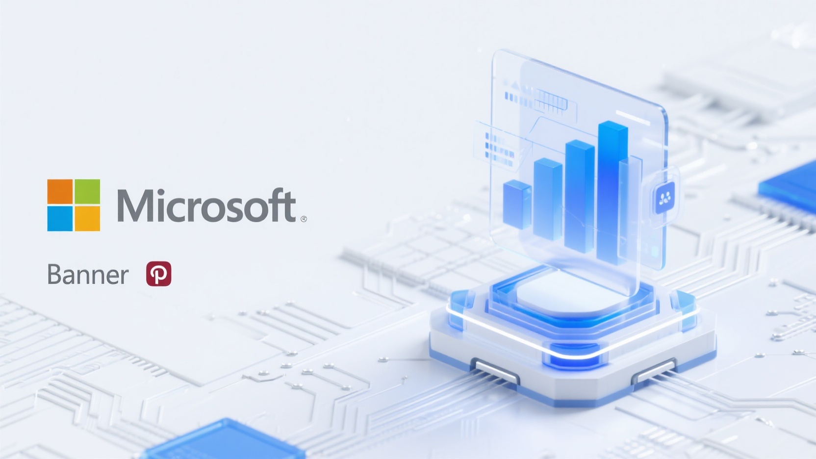 banner-微软C4D场景,设计一微软风格的banner:主视觉在画面的右侧1/4处,物体主体物有科技感底座,底座上方有抽象的数据统计元素,背景为纯白色各抽象电路板元素,蓝色辅助色,微软玻璃风格,毛玻璃,白透玻璃和蓝透玻璃质感,采用影棚灯光,采用光线追踪技术,极简工业风格,融合了 Pinterest 和 Dribbble 的风格特点,C4D, OC 渲染器,8K 分辨率,比例 「16:9」渲染元素细腻,细节高清