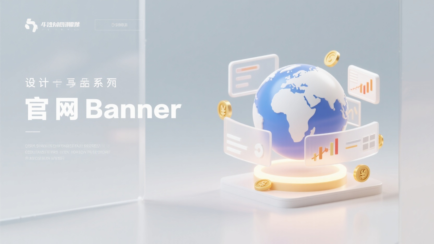 banner-全球金融,设计一个官网banner图,背景采用极简设计风格,浅色磨砂玻璃搭配白色亚克力材质,左右布局,前景右侧以发光的地球体为中心的等距视图,周围环绕全系屏幕、股价图标、黄金、货币等。