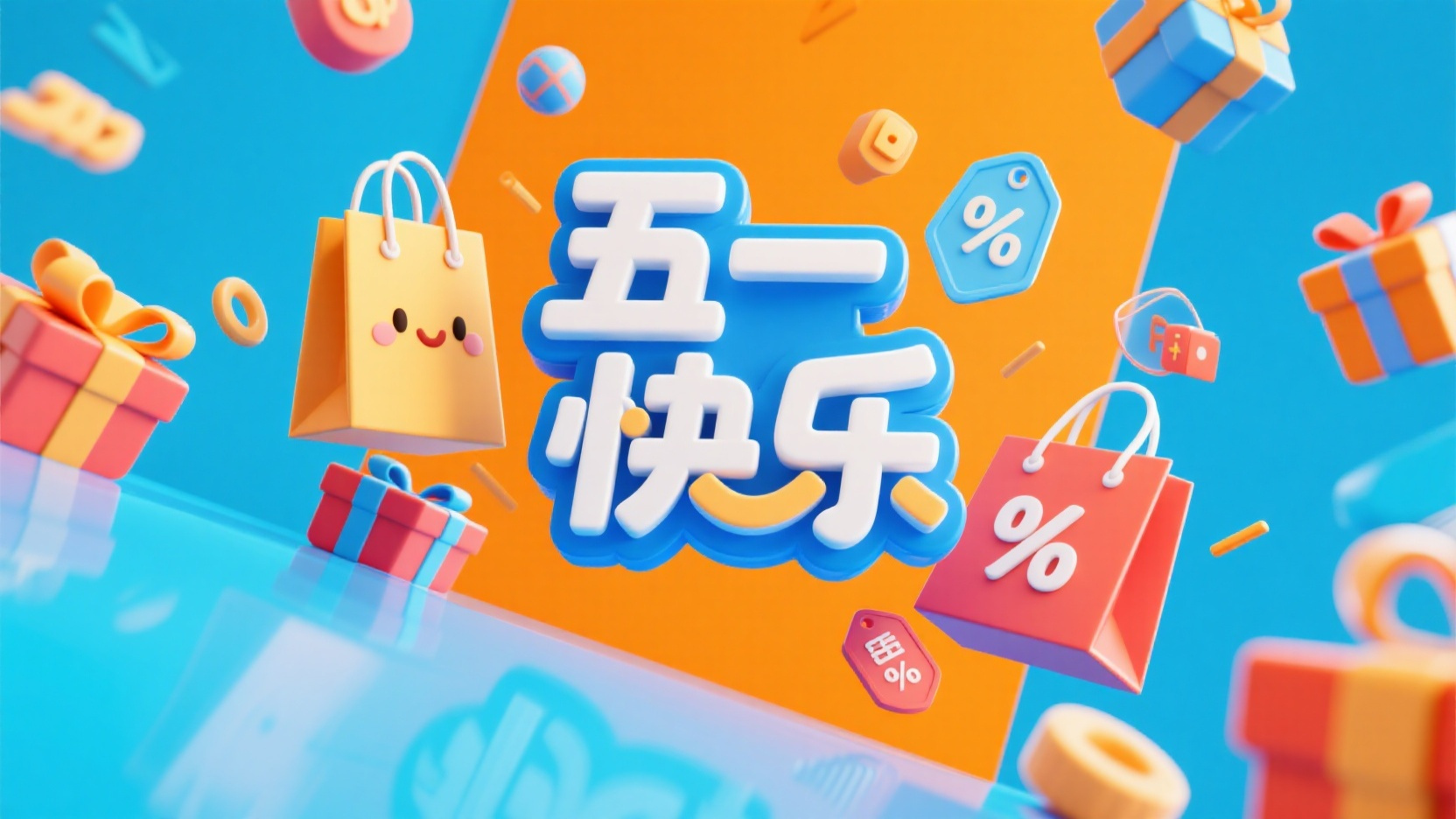 banner-电商五一活动,5.1活动策划的电子商务运营三维创意海报,以“五一快乐”为主题,采用活泼的卡通风格和明亮的色彩背景(如亮蓝色或橙色),营造出快乐51的氛围。周围环绕着丰富的3D电商元素,如购物袋、礼品盒、折扣标签,增添了一种运动感。同时添加了兴奋的购物角色,营造出快乐的购物氛围。增强视觉吸引力。这张海报将有效地吸引用户的注意力,传达51假期的乐趣和丰富性。整体科技感比较强,视觉冲击力。