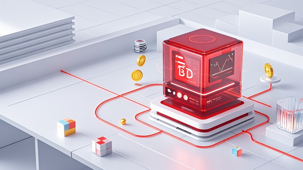 banner-未来主义C4D场景,主题:B端banner背景图。内容:画面右侧三分之一处是一个现代的,未来主义风格的数字图形。图形中间是一个红色透明的服务器和显示屏,显示屏上有数据图表,服务器周围环绕着科学和技术元素,如魔方,金币。白色背景,白色地面与电路板纹理,纹理发射弱红光、3D渲染、演播室照明、C4D等。高对比度、高饱和度。