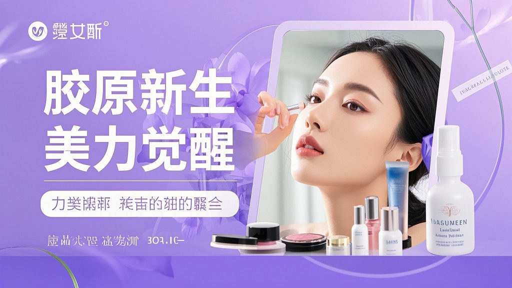 banner-医美宣传,宋体字,“胶原新生 美力觉醒”优雅的美妆海报,淡紫色背景