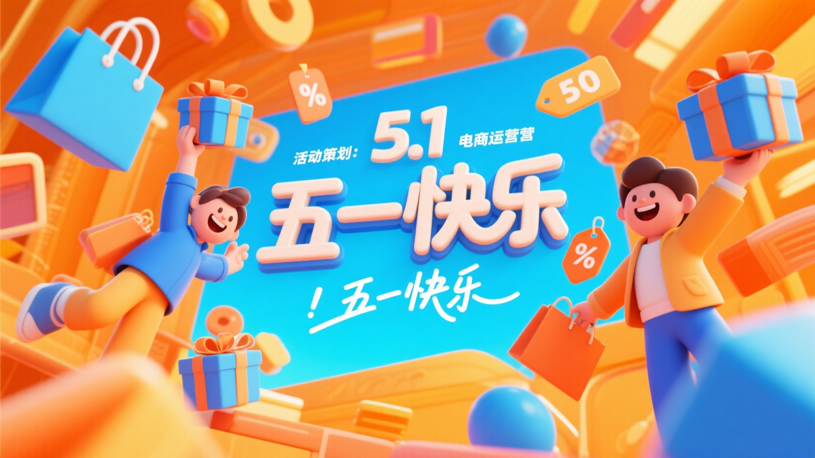 banner-五一电商活动,5.1活动策划的电子商务运营三维创意海报,以“五一快乐”为主题,采用活泼的卡通风格和明亮的色彩背景(如亮蓝色或橙色),营造出快乐51的氛围。周围环绕着丰富的3D电商元素,如购物袋、礼品盒、折扣标签,增添了一种运动感。同时添加了兴奋的购物角色,营造出快乐的购物氛围。增强视觉吸引力。这张海报将有效地吸引用户的注意力,传达51假期的乐趣和丰富性。整体科技感比较强,视觉冲击力。