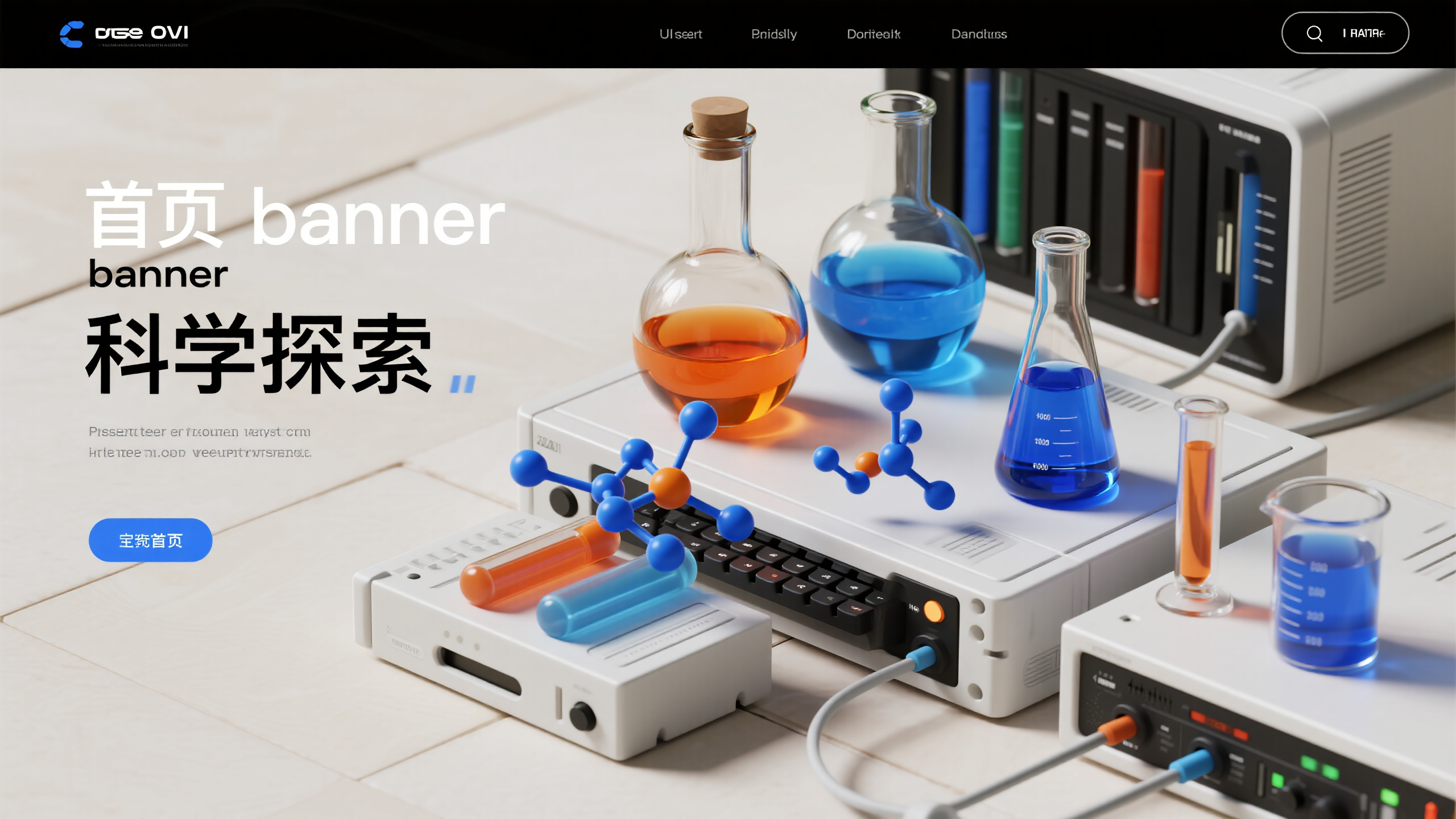 banner-科学实验,请做一张首页banner图,左侧留白,不要文字,右侧是核心的3D科学实验场景插画,包含烧瓶、试管、量筒等实验室器皿,其中盛有橙色、蓝色液体,并有蓝色和橙色的分子结构模型,这些元素被放置在白色计算机服务器平台上。布局清晰。要求浅色底,科技风,透明感,UI设计风格,光线追踪,干净白色背景,参考Pinterest、Dribbble 风格,使用OC渲染器,Blender渲染,细节,16K分辨