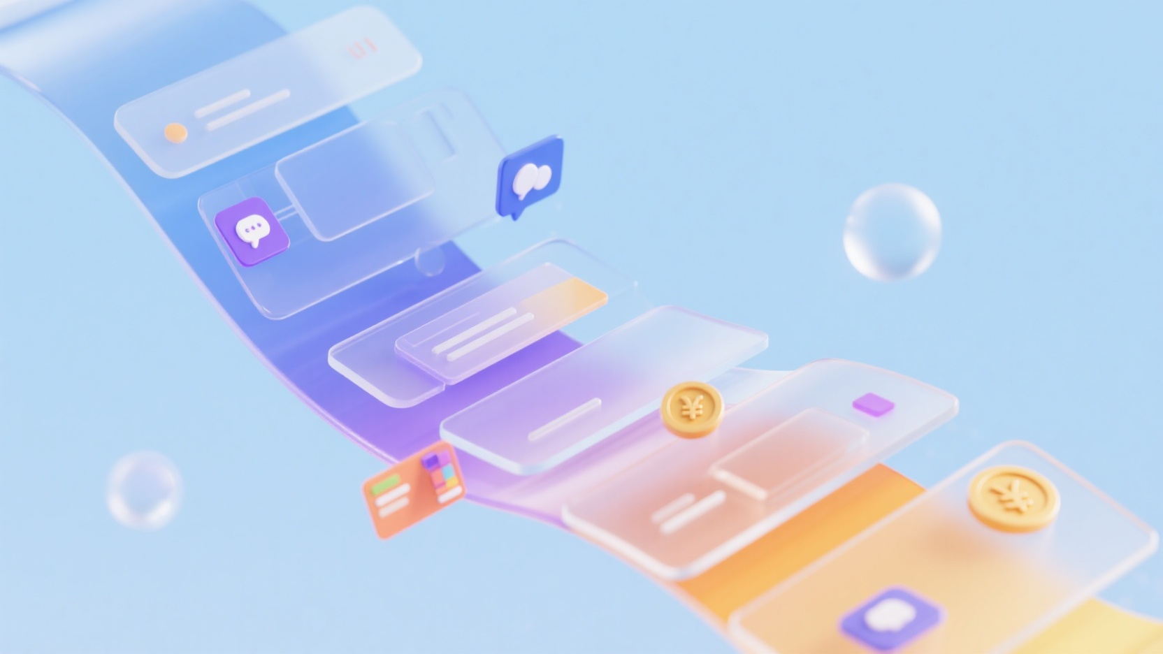 banner-金融数字化,微软风格数字信息可视化,起伏流动的透明玻璃质感宽度铺满的信息带从左上角往右下角飘动,几条信息带特别宽叠在一起,带体呈浅色的蓝色、紫色、橙黄色透明渐变色,具备玻璃反射质感。信息带上集成了各类UI图标,如对话气泡、按钮、卡片、金币等,具有3D立体风格。整体画面背景为浅蓝色纯色背景,光感柔和,带有悬浮球形高光元素。画面整体具有未来感、科技感和数字金融氛围,适用于智能生活、数据流、信息可视化等主题。